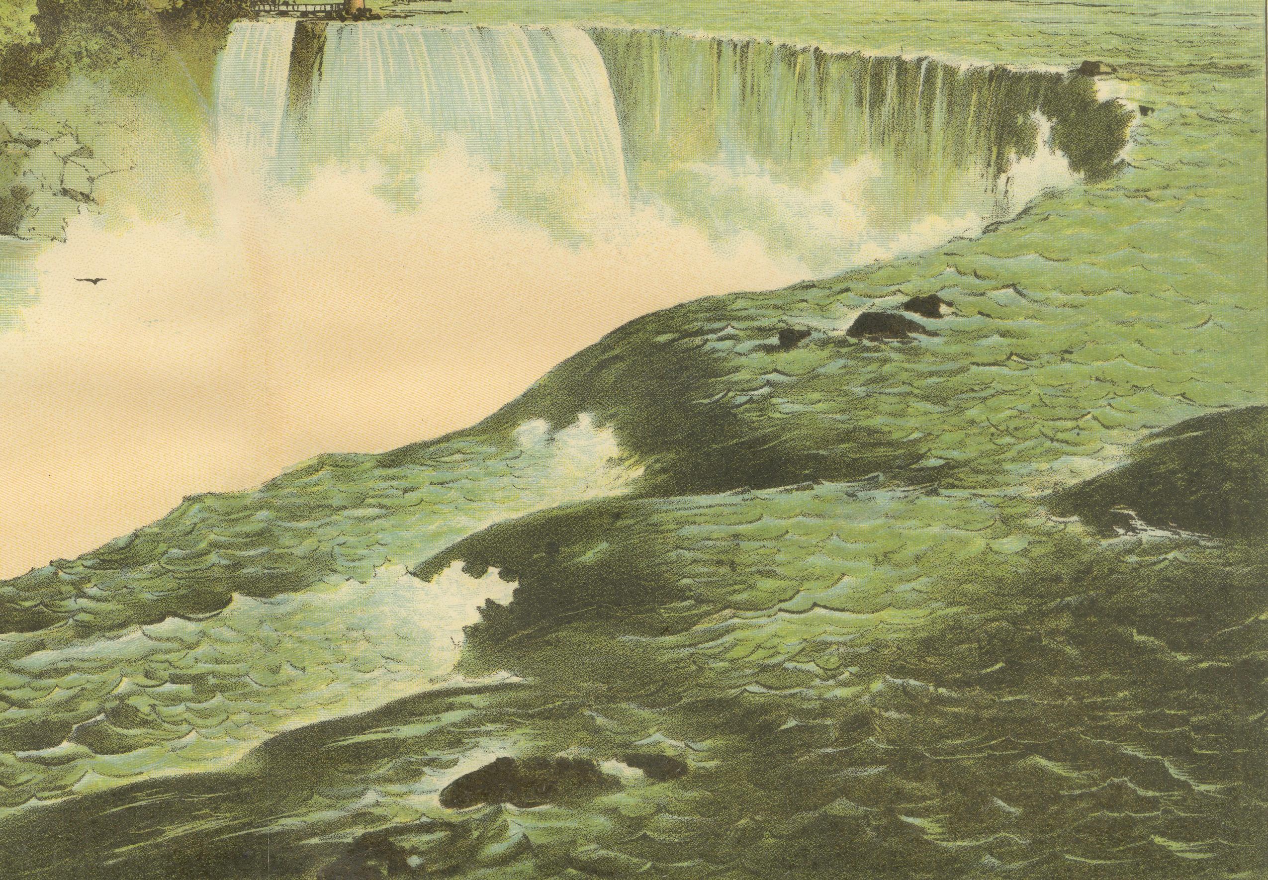 German Antique Chromolithograph of Niagara Falls – Horseshoe and American Falls, c.1890 For Sale