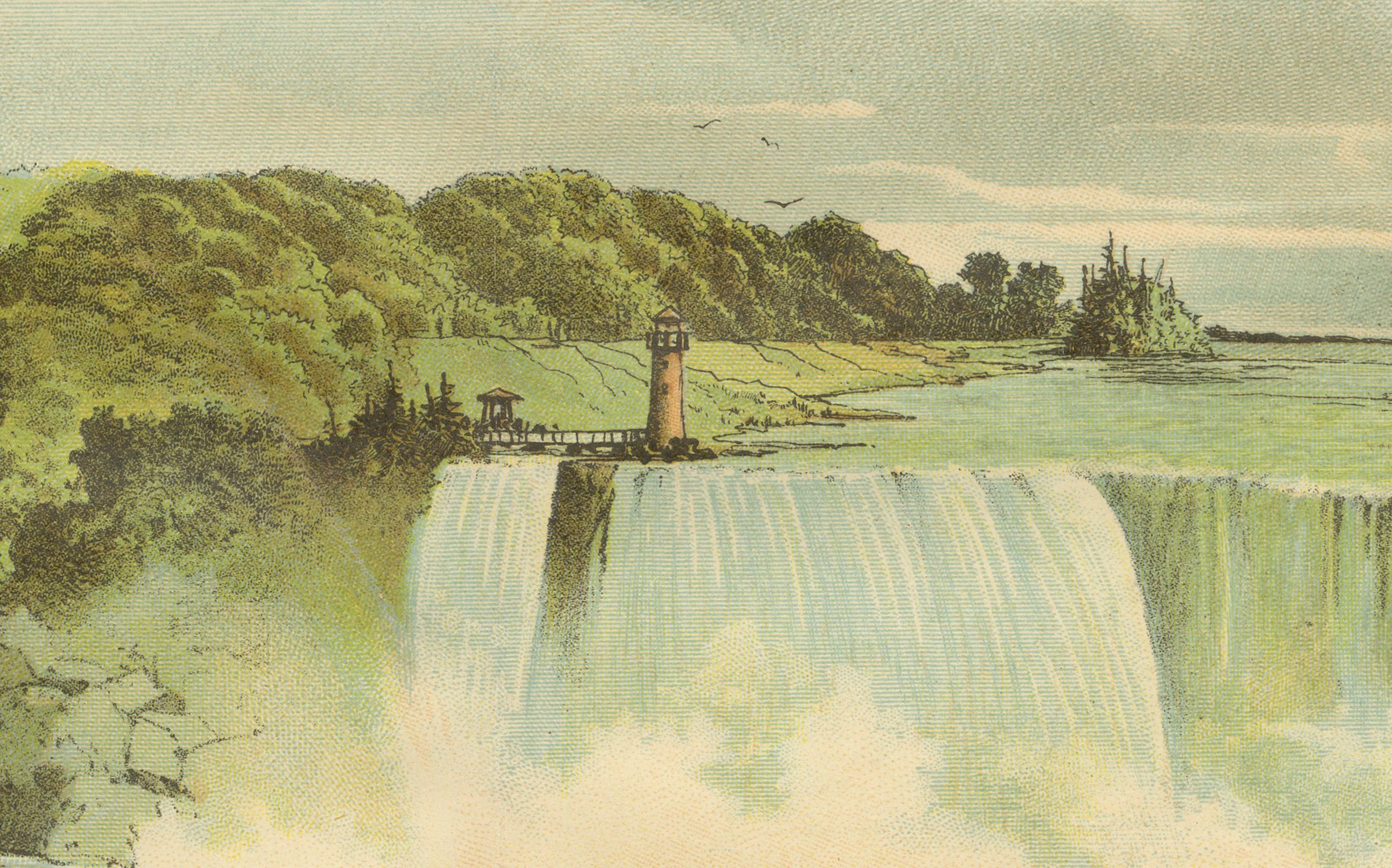 Antique Chromolithograph of Niagara Falls – Horseshoe and American Falls, c.1890 In Good Condition For Sale In Langweer, NL