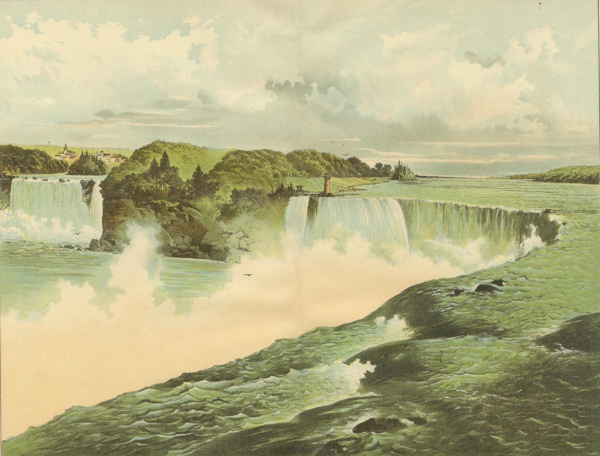 19th Century Antique Chromolithograph of Niagara Falls – Horseshoe and American Falls, c.1890 For Sale