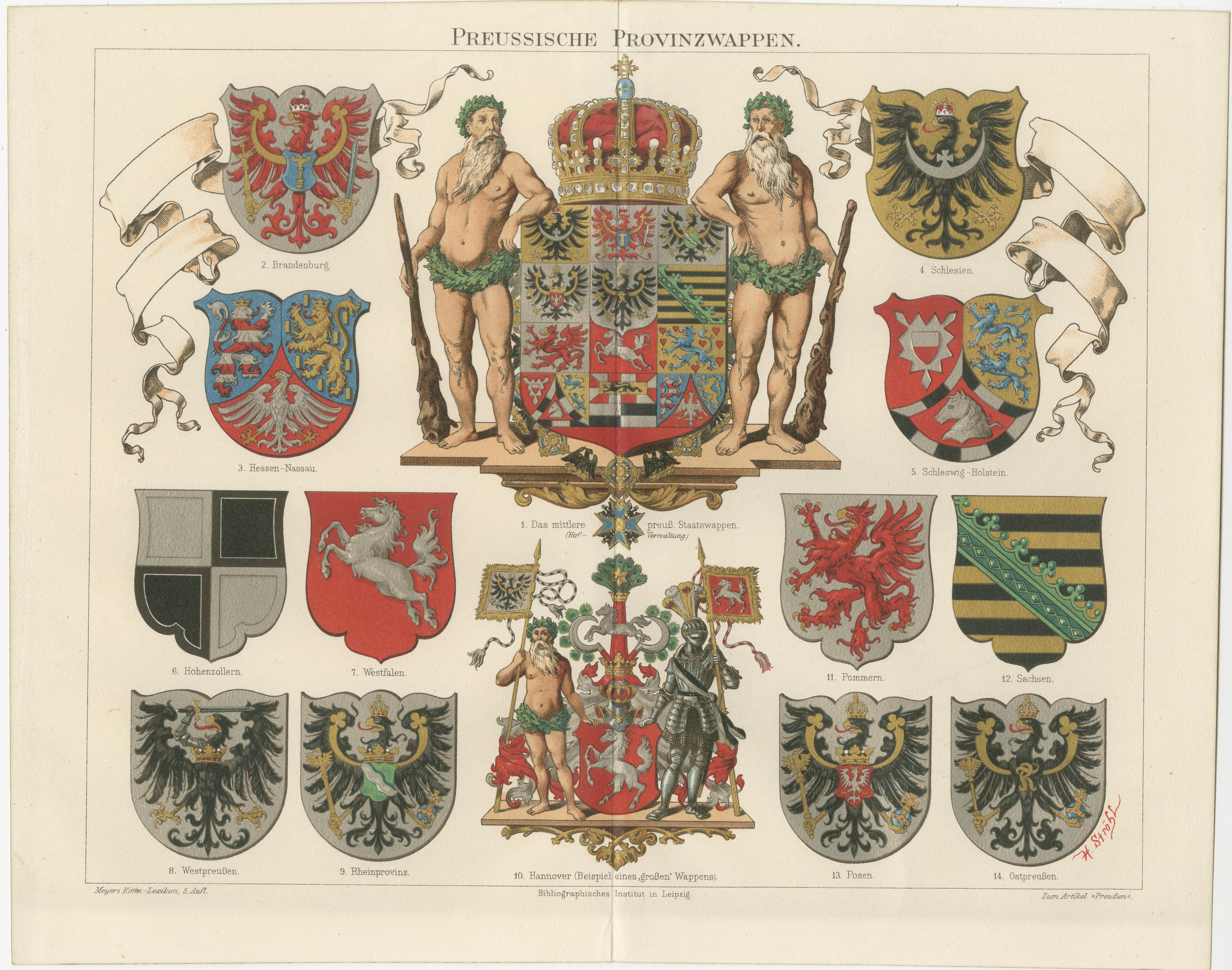Antique print titled 'Preussische Provinzwappen'. Original antique chromolithograph of Prussian Coats of Arms. This print originates from Volume 5 of Meyers Konversations-Lexikon, published between 1893 and 1897. 

Meyers