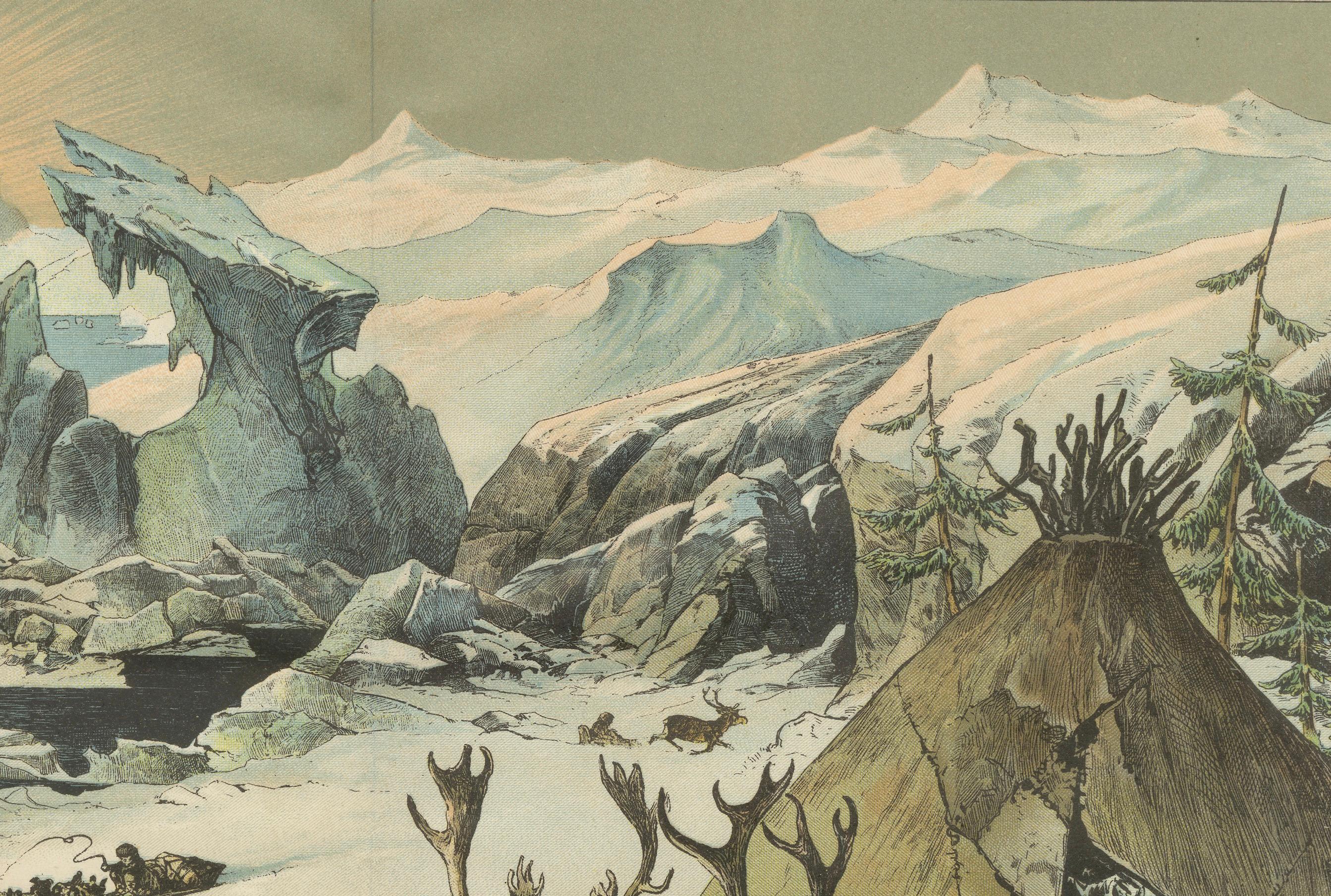 Antique Chromolithograph of Sami Life in Lapland with Reindeer and Arctic Landscape, ca. 1890

This engaging chromolithograph titled “Die Lappländer” (The Lapps) was produced circa 1890 and offers a stylized yet vivid portrayal of the Indigenous