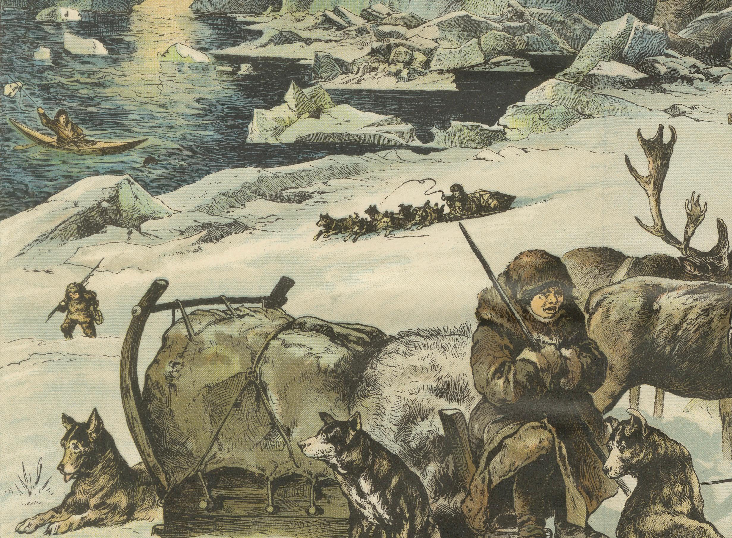 German Antique Chromolithograph of Sami Life in Lapland,  Artic Scenery, Reindeer 1890 For Sale