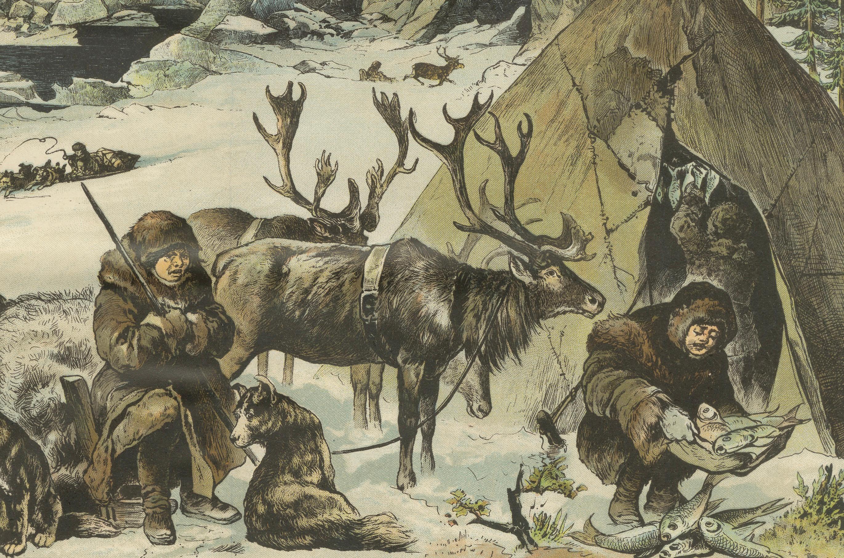 Antique Chromolithograph of Sami Life in Lapland,  Artic Scenery, Reindeer 1890 In Good Condition For Sale In Langweer, NL