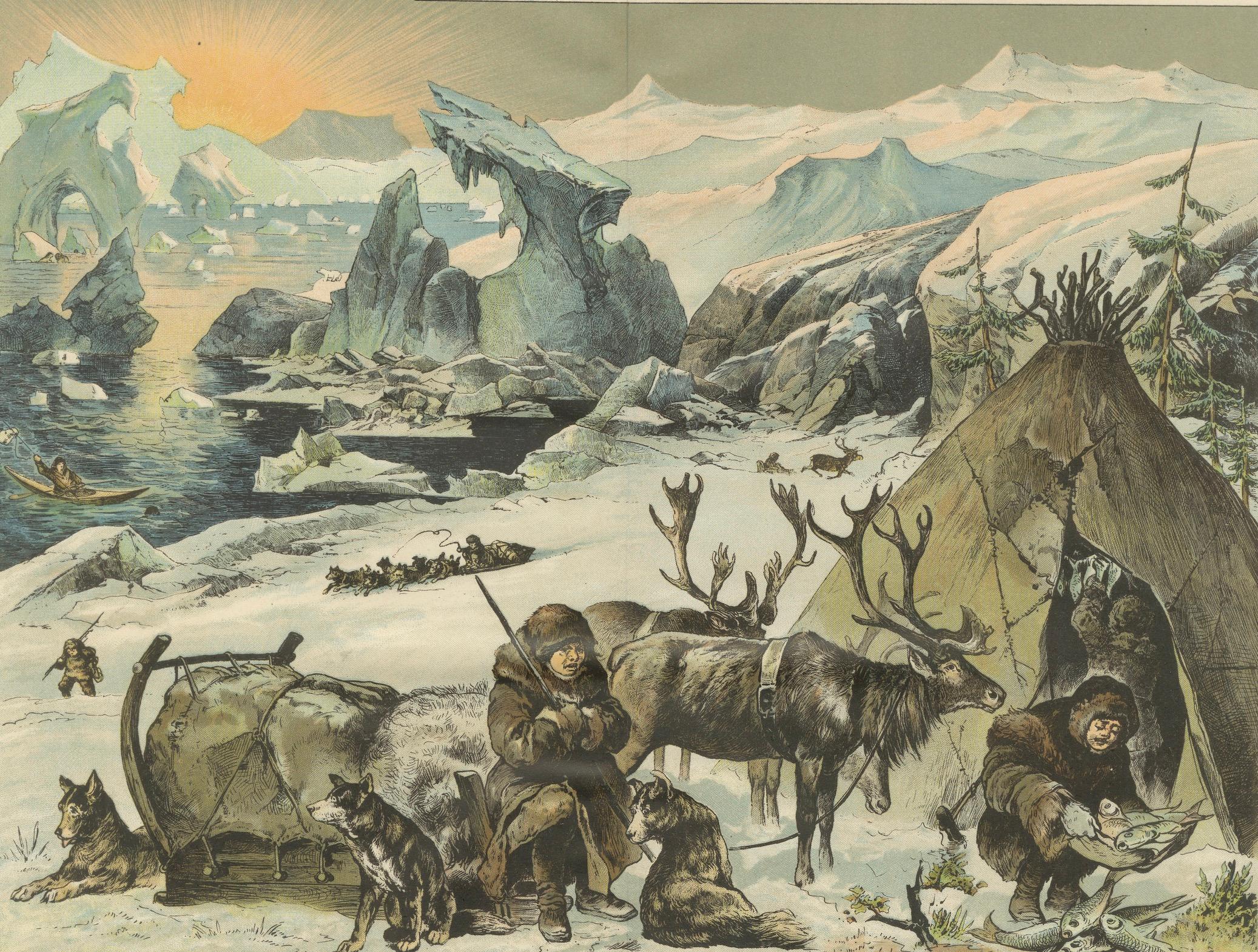 Paper Antique Chromolithograph of Sami Life in Lapland,  Artic Scenery, Reindeer 1890 For Sale