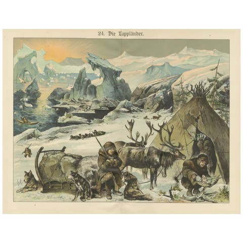Antique Chromolithograph of Sami Life in Lapland, Artic Scenery, Reindeer 1890