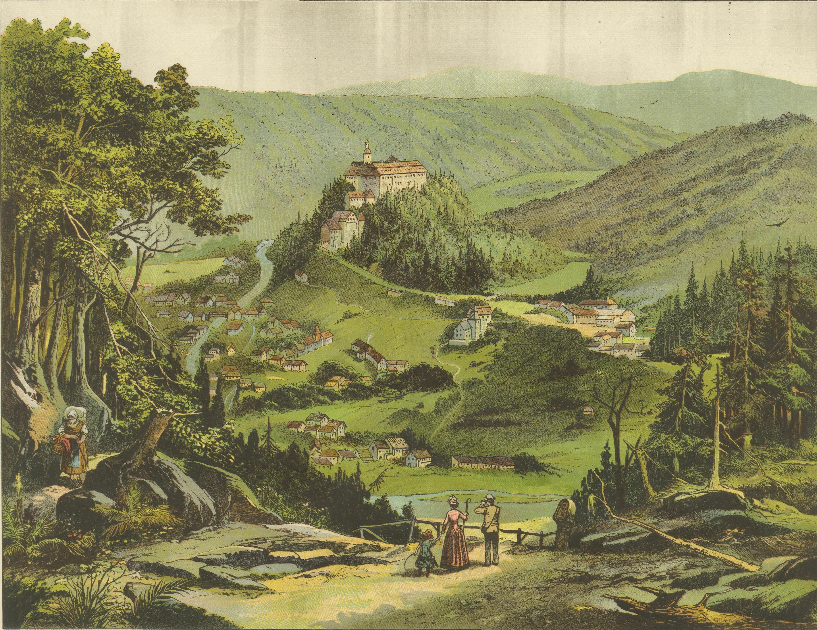 Antique Chromolithograph of Schwarzburg Castle and Village, circa 1890

Description:
This striking antique chromolithograph, dating from around 1890, captures a richly detailed and atmospheric view of Schwarzburg Castle (Schloss Schwarzburg) and the