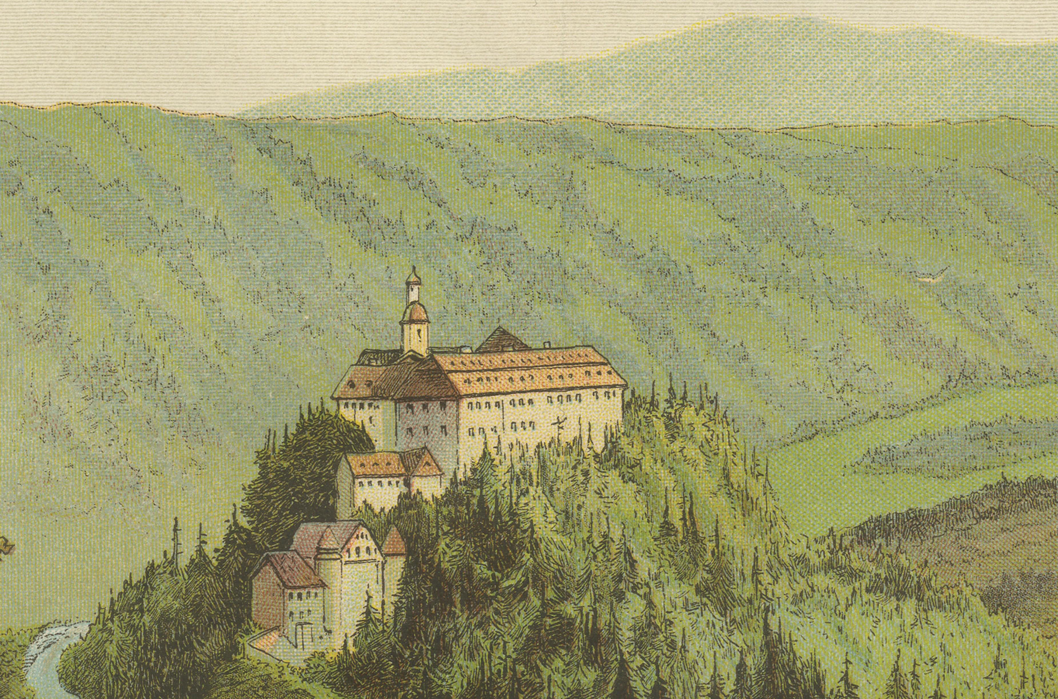 German Antique Chromolithograph of Schwarzburg Castle and Village, circa 1885 For Sale