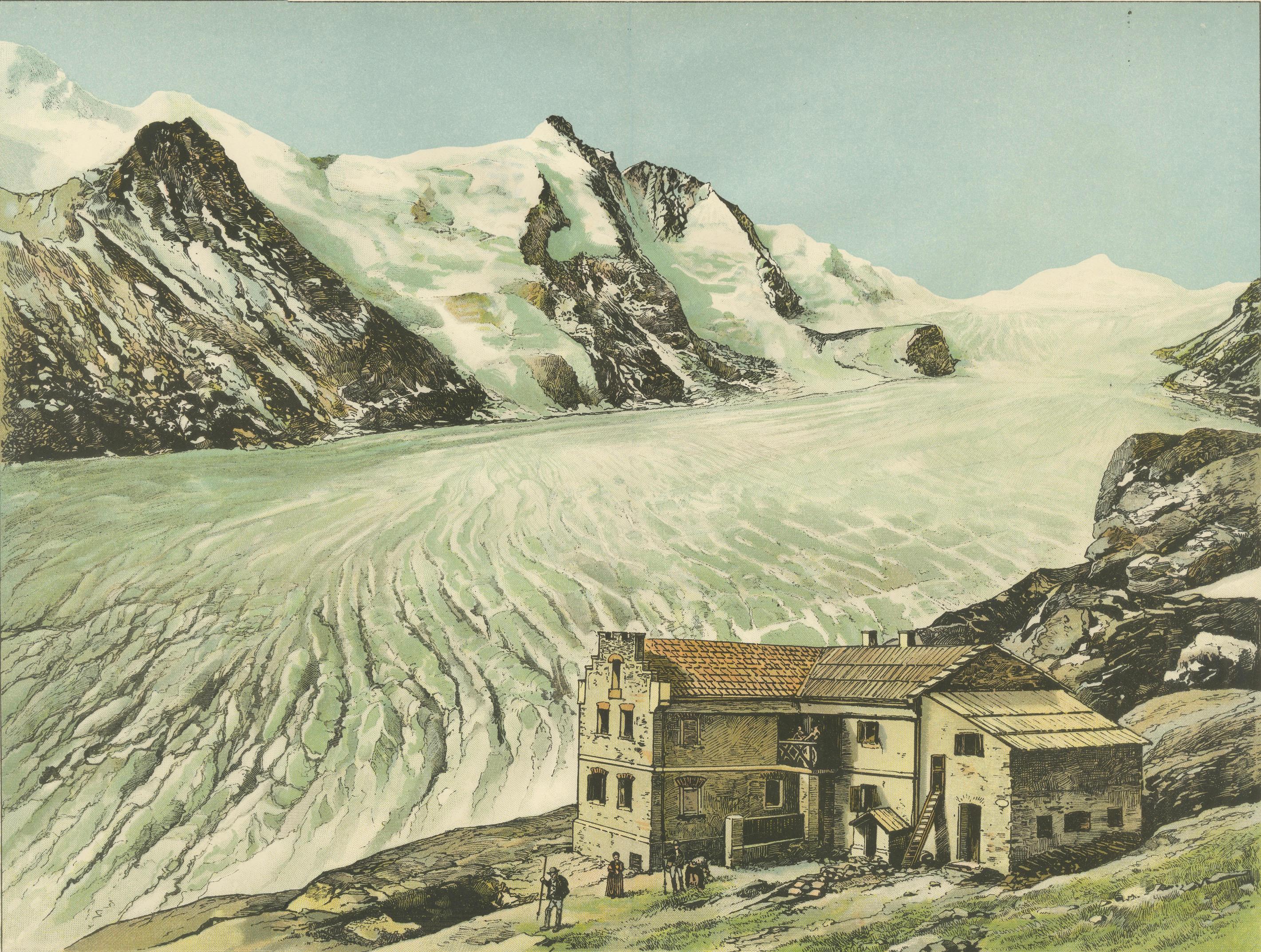 Antique Chromolithograph of the Großglockner Glacier and Alpine Lodge, ca. 1890

This impressive chromolithograph, titled “Der Großglockner,” captures the dramatic alpine landscape surrounding Austria’s highest peak and the vast glacier at its base.