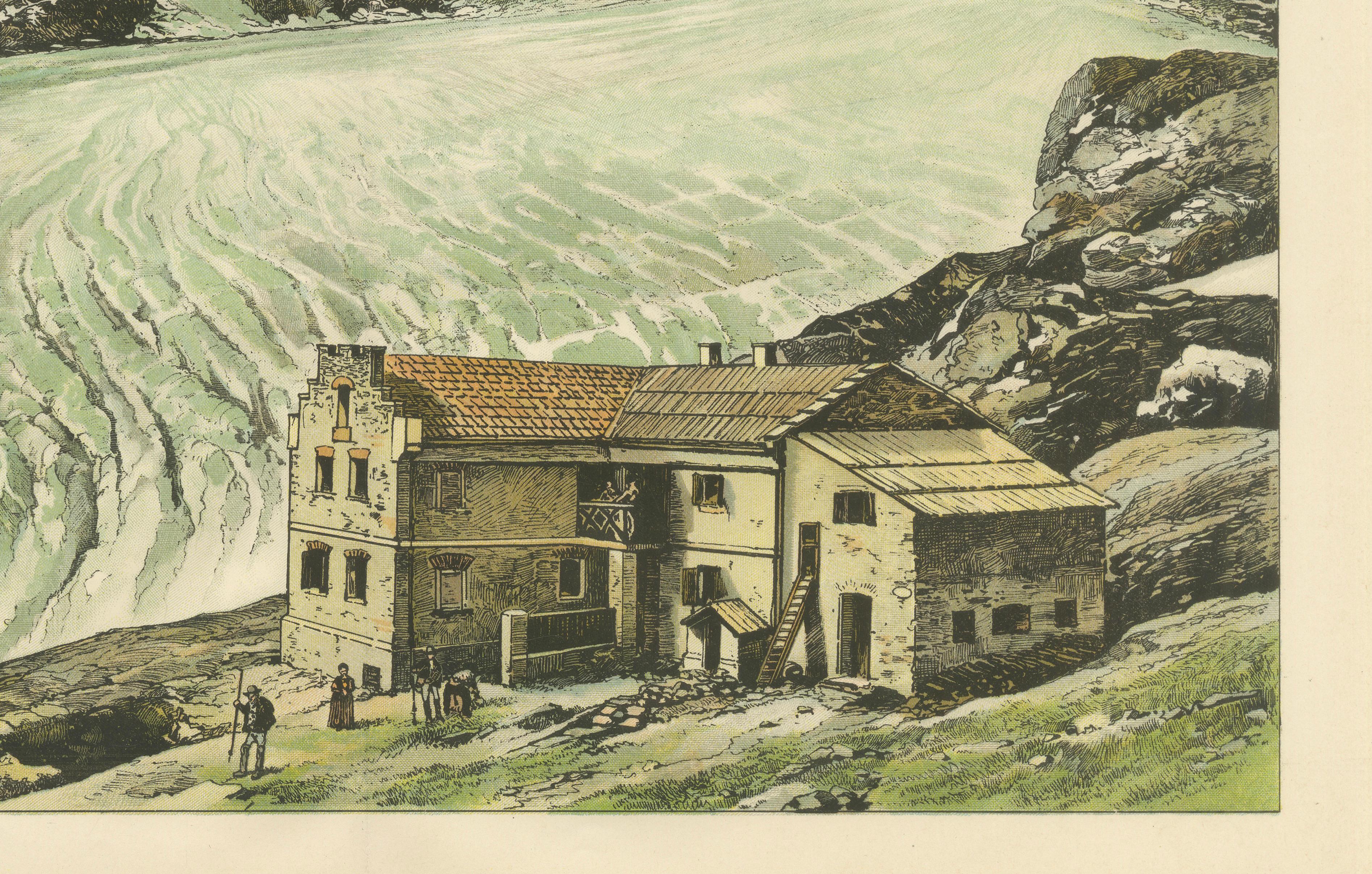 19th Century Antique Chromolithograph of the Großglockner Glacier and Alpine Lodge, ca. 1885 For Sale