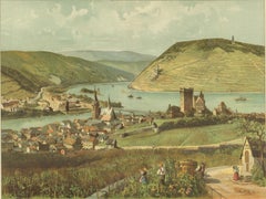 Antique Chromolithograph of the Rhine at Bingen with Castle and Vineyards, c1885