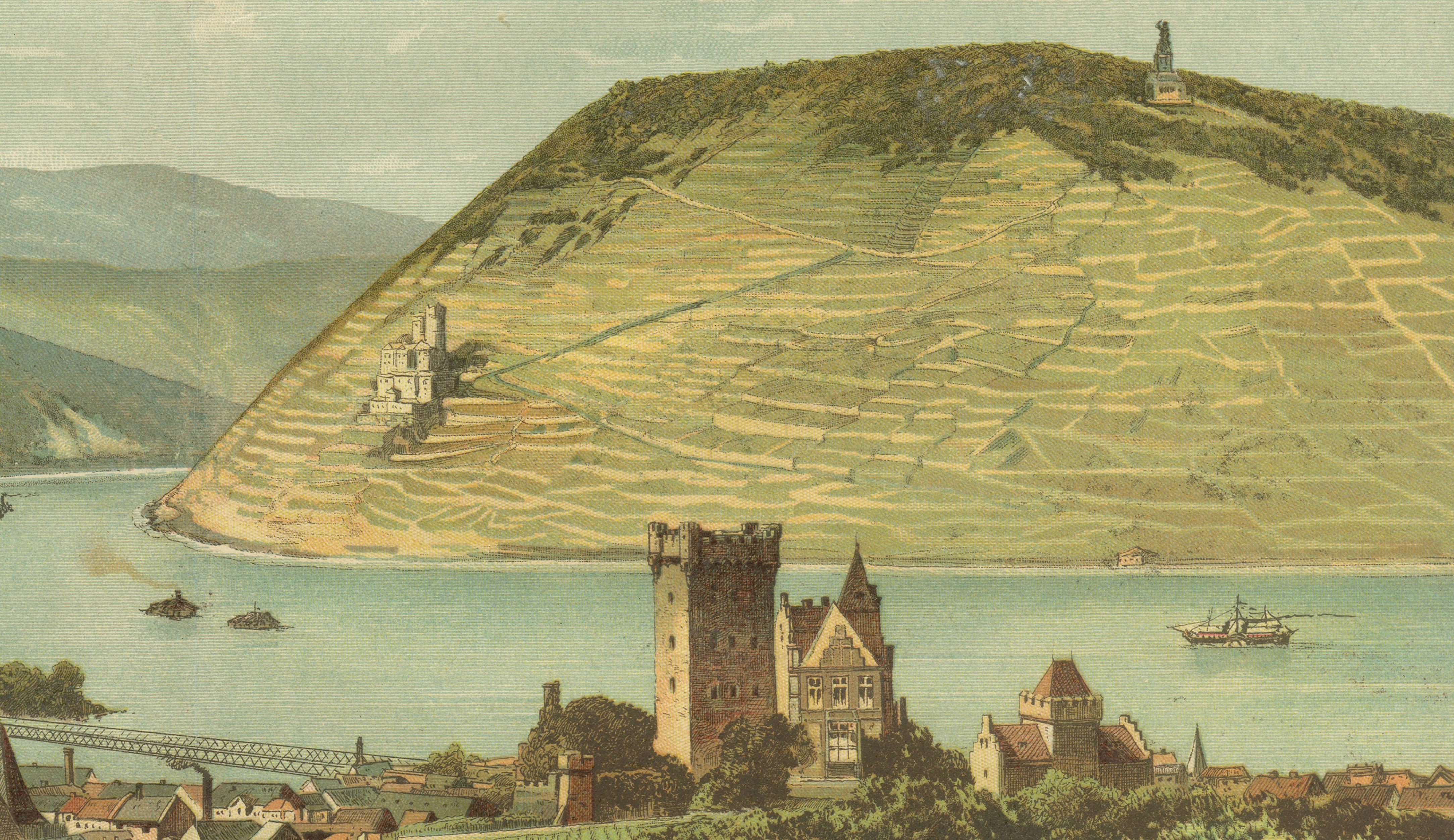 German Antique Chromolithograph of the Rhine at Bingen with Castle and Vineyards, c1885 For Sale