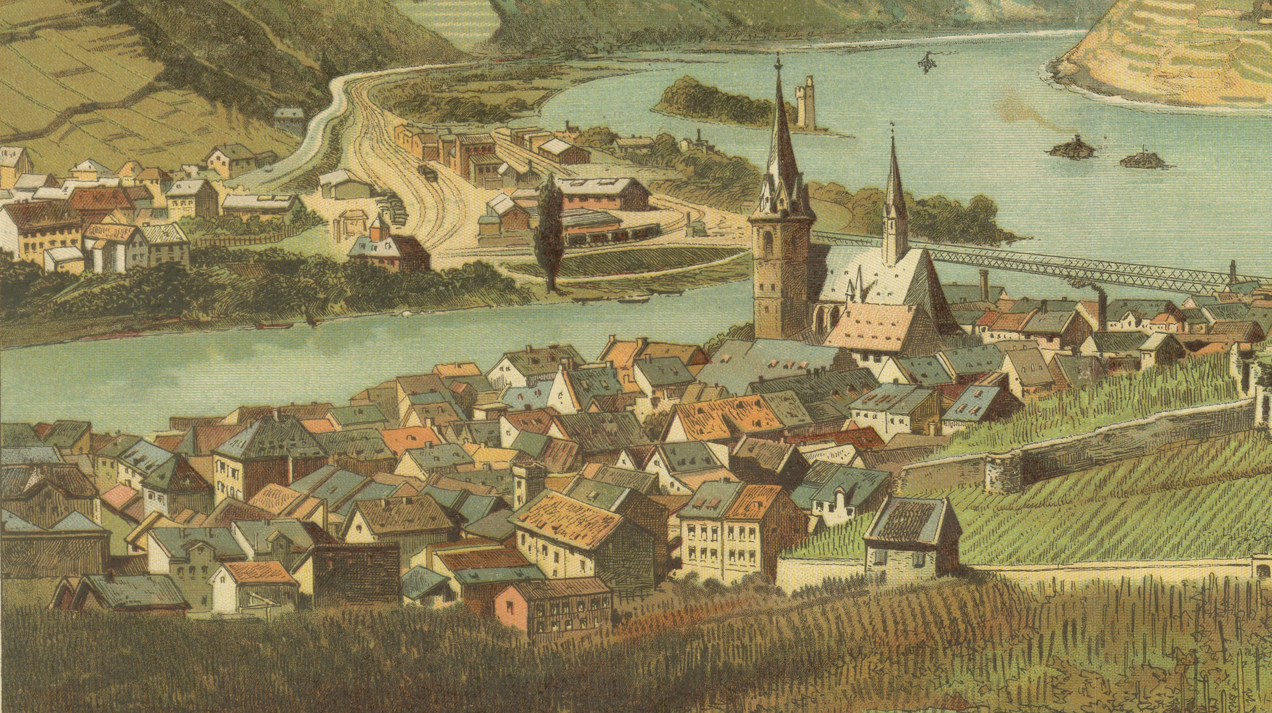 19th Century Antique Chromolithograph of the Rhine at Bingen with Castle and Vineyards, c1885 For Sale