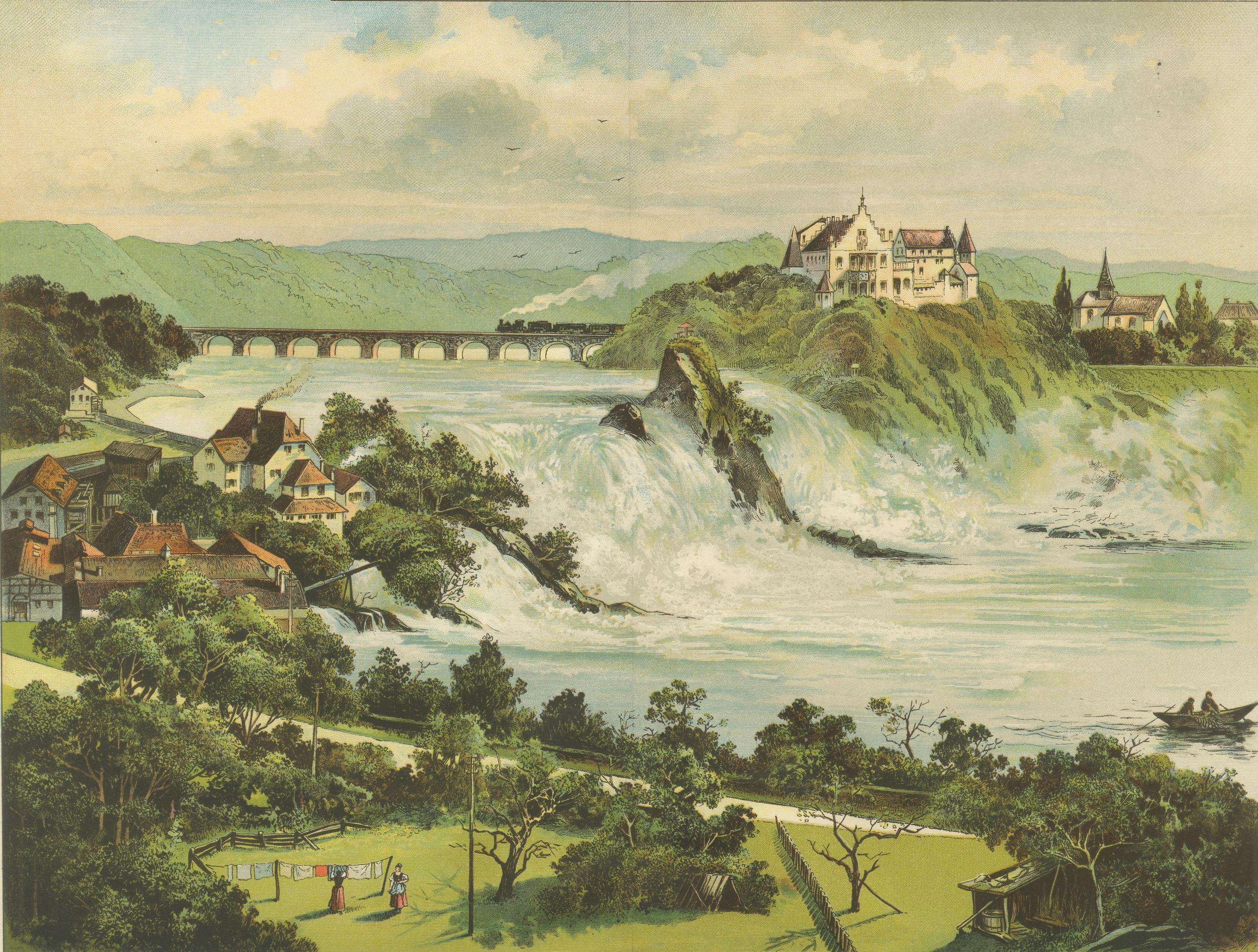 Antique Chromolithograph of the Rhine Falls near Schaffhausen, ca. 1890

This captivating chromolithograph, titled “Der Rheinfall bei Schaffhausen” (The Rhine Falls near Schaffhausen), was produced around 1890 and vividly captures one of Europe’s