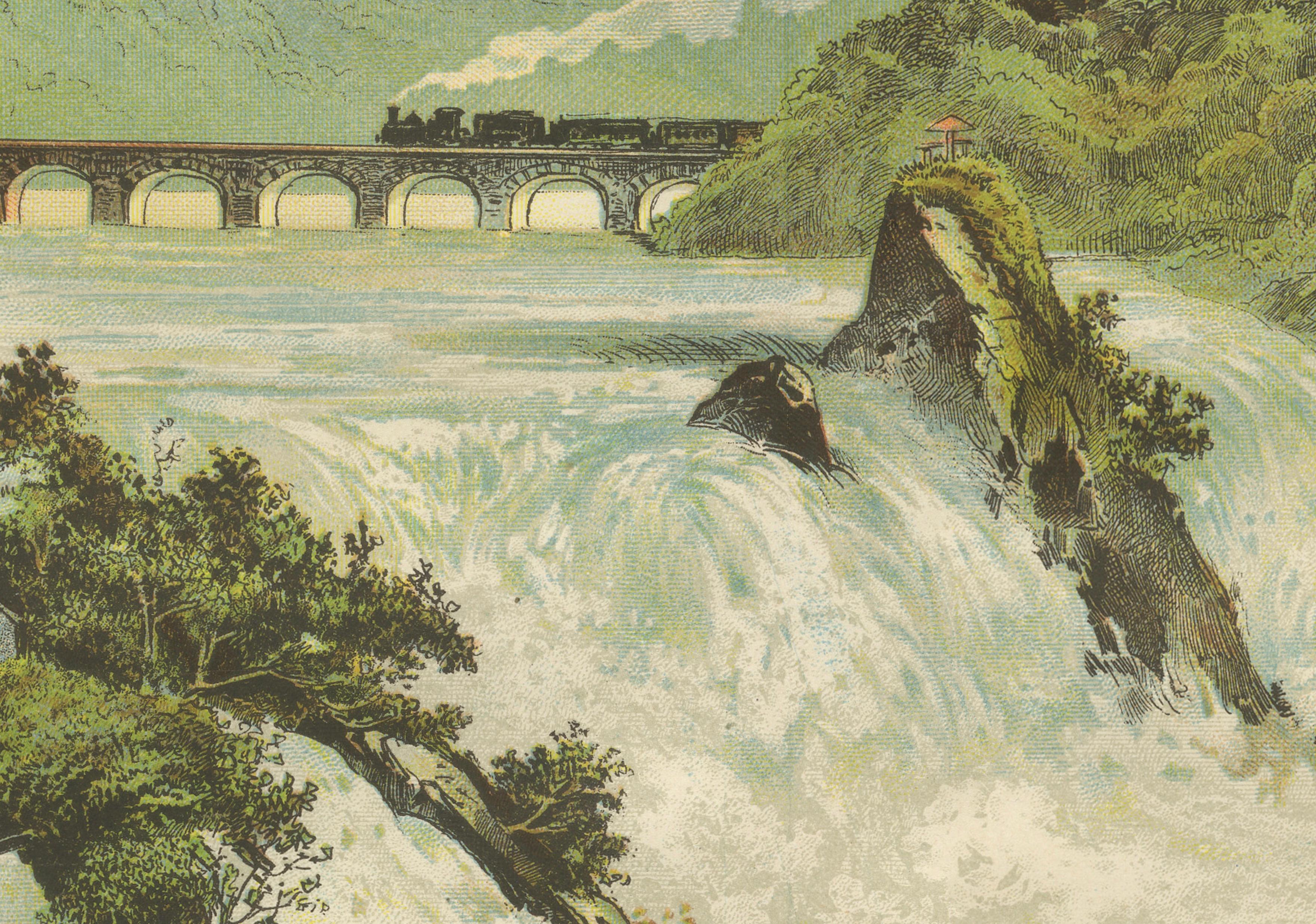 German Antique Chromolithograph of the Rhine Falls near Schaffhausen, ca. 1885 For Sale