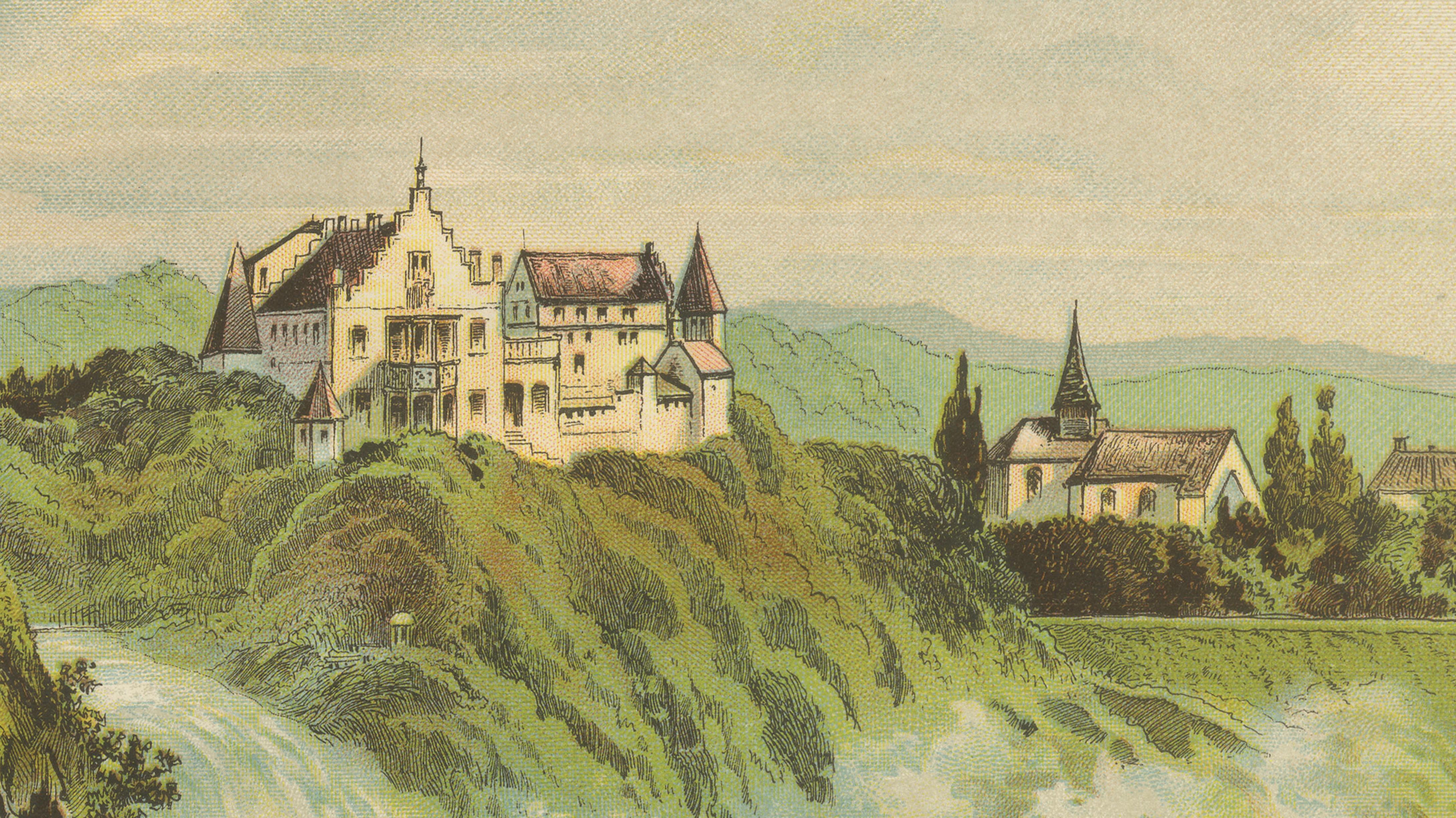 Antique Chromolithograph of the Rhine Falls near Schaffhausen, ca. 1885 In Good Condition For Sale In Langweer, NL