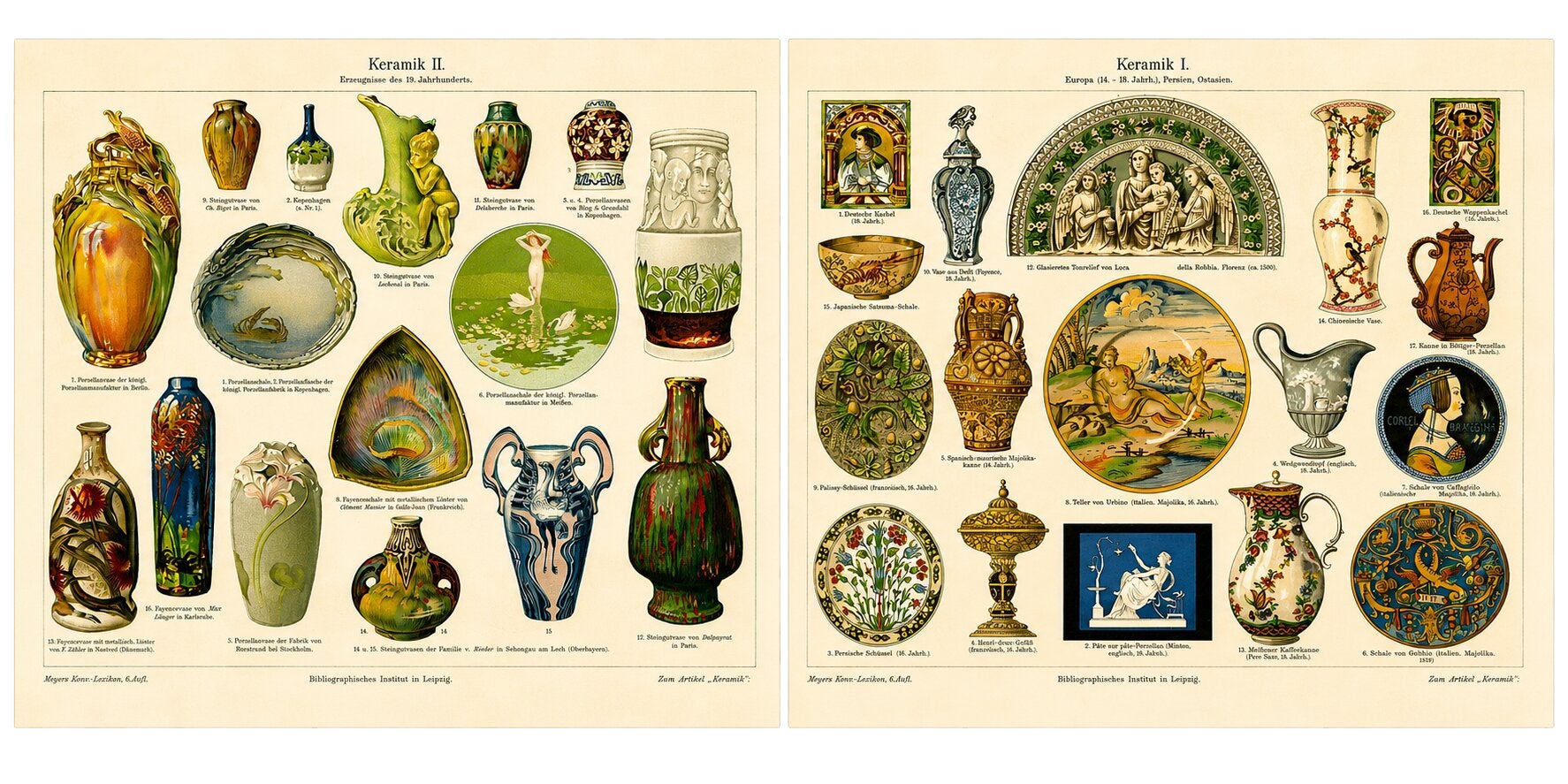 Antique Chromolithograph Pair, Ceramics Through the Ages, 1898