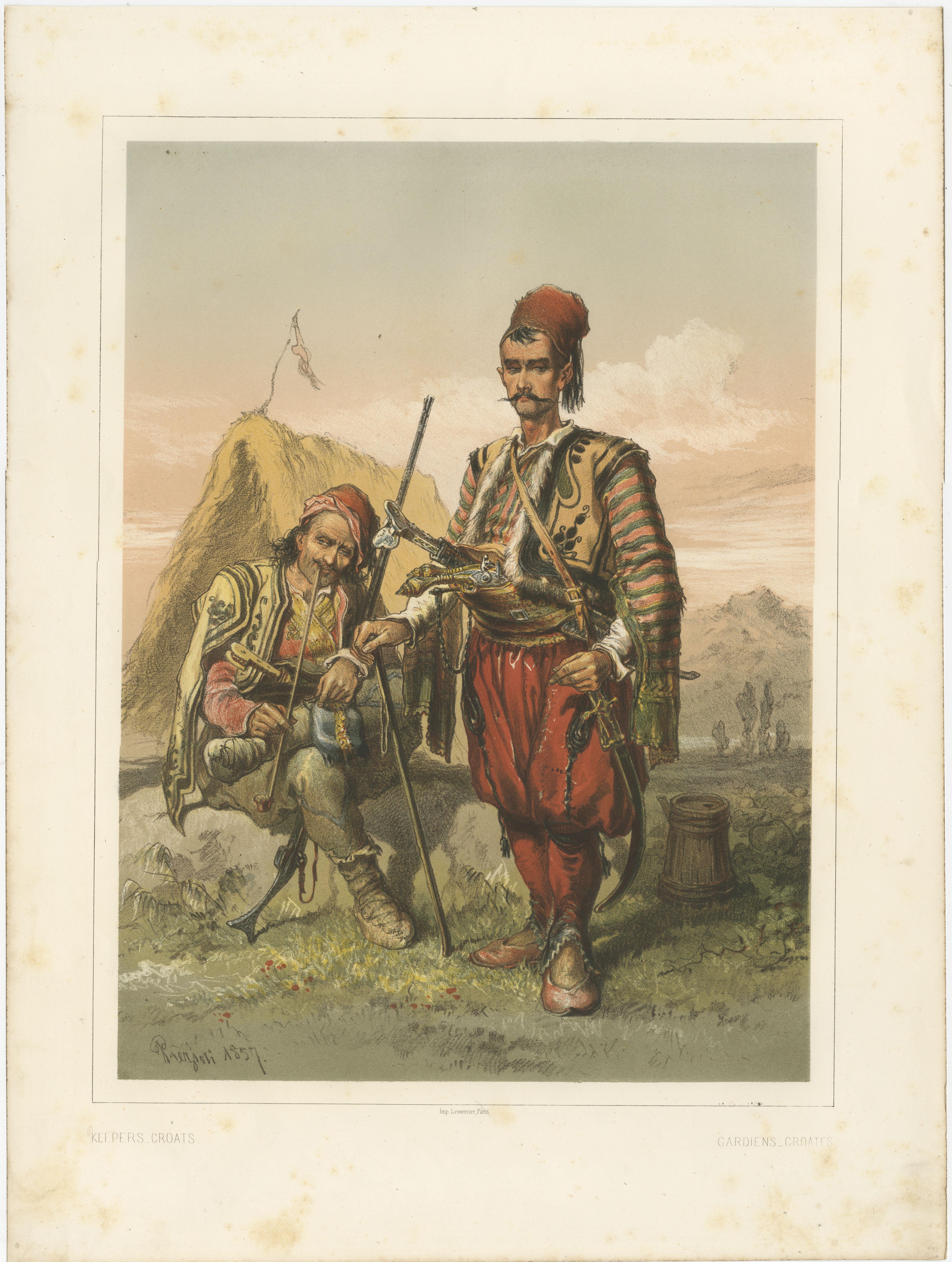 Antique print titled 'Keepers Croats - Gardiens Croates'. Chromolithographed plate of Croatian guards. This print originates from 'Stamboul. Souvenir d'Orient' by Amadeo Preziosi. Published circa 1860.