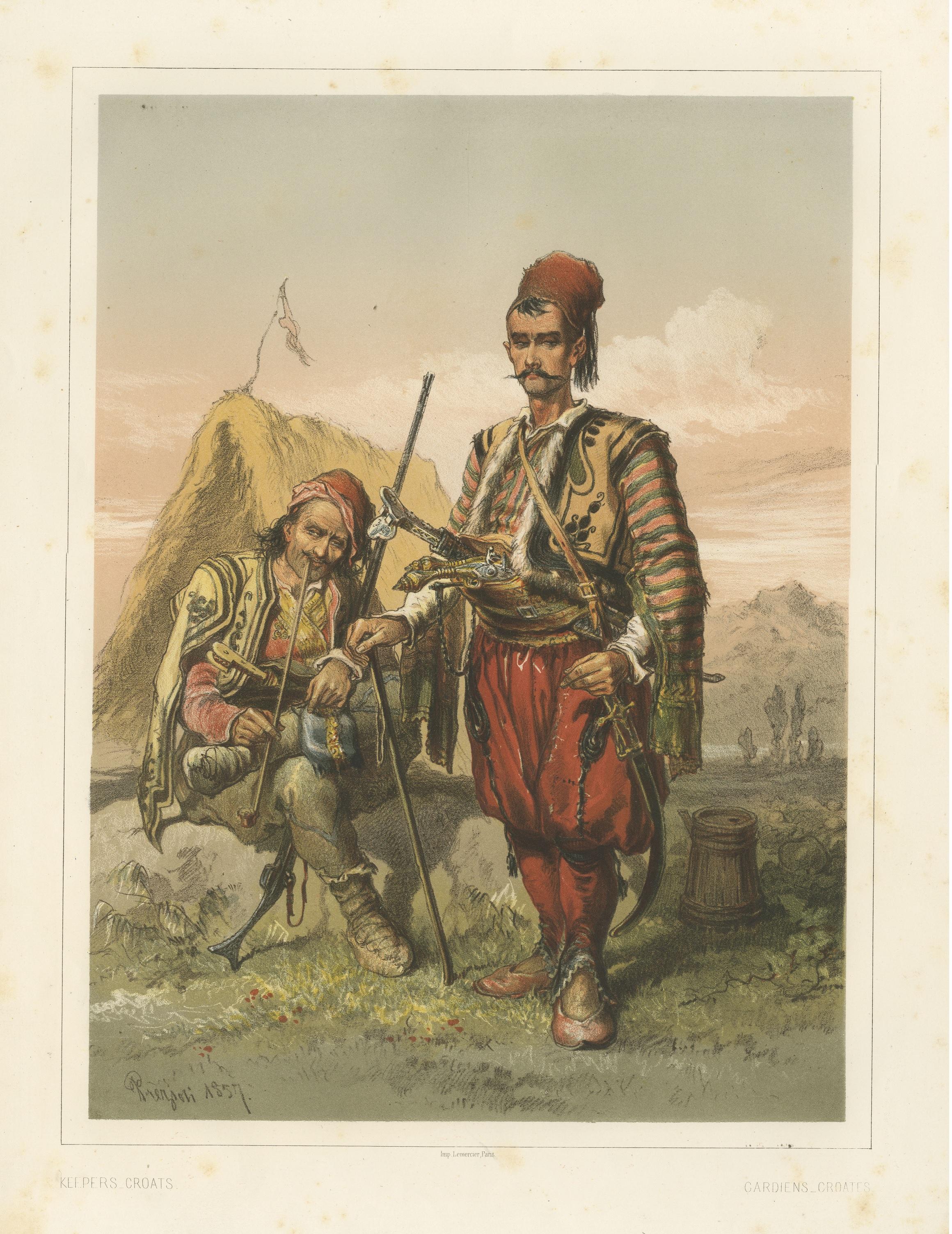 Antique Chromolithographed Print of Croatian Guards In Fair Condition For Sale In Langweer, NL