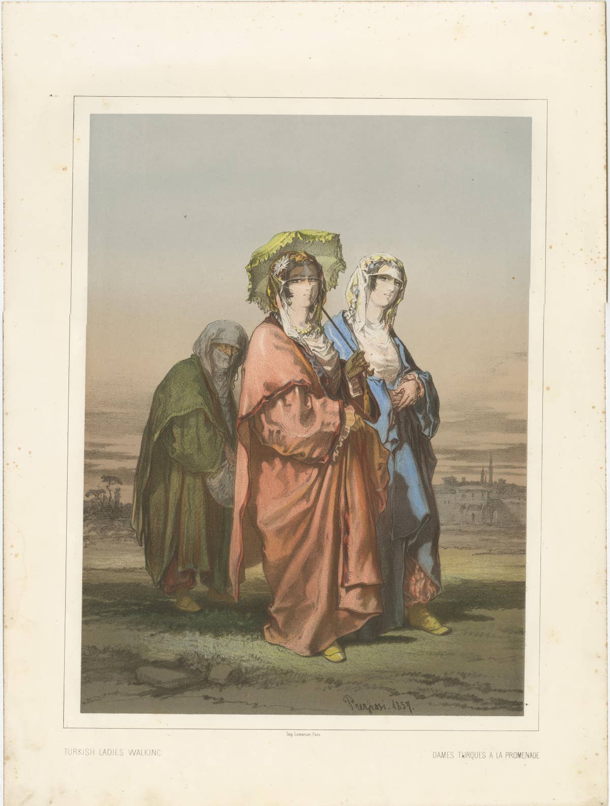 Antique Chromolithographed Print of Turkish Ladies Walking