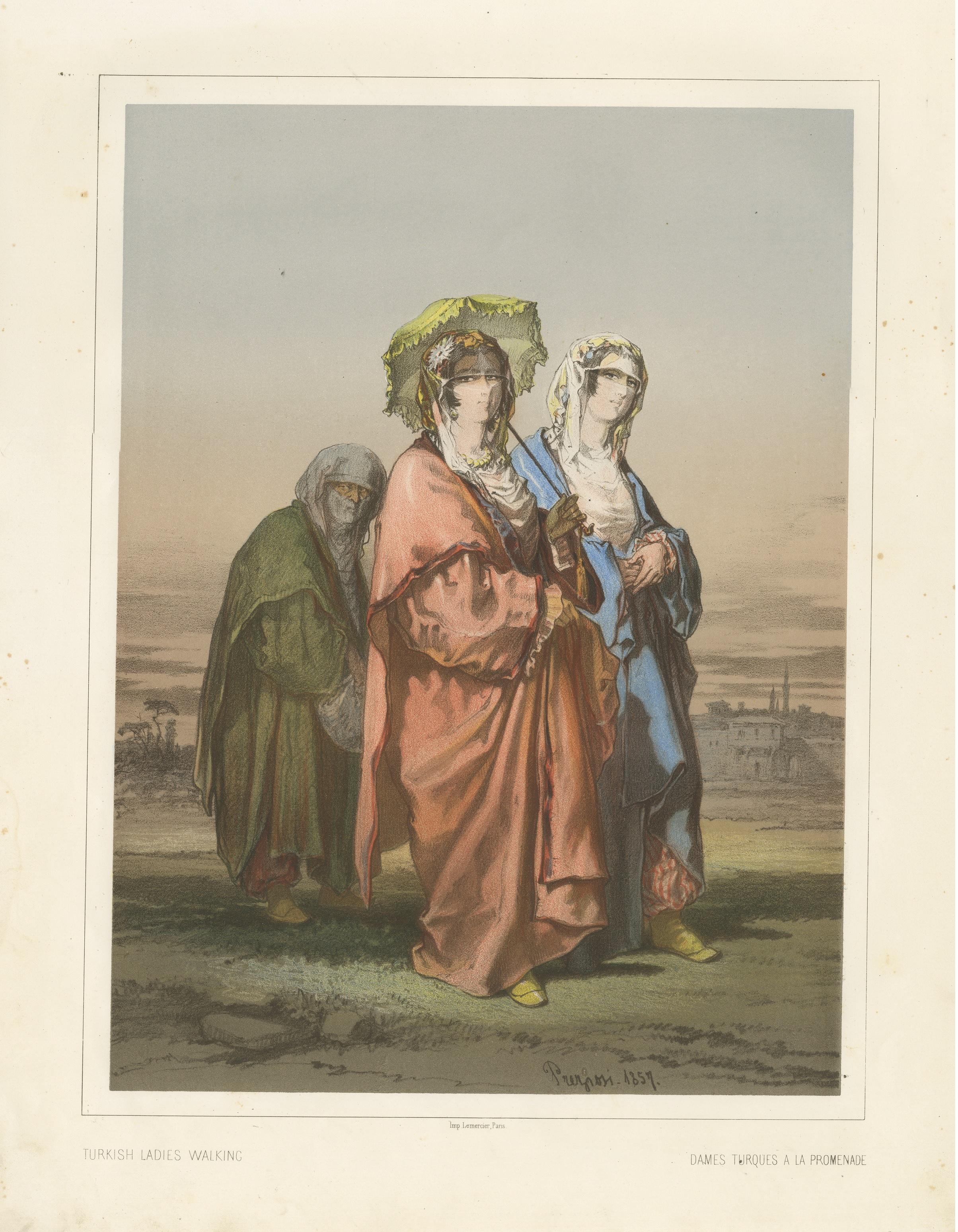Antique Chromolithographed Print of Turkish Ladies Walking In Fair Condition For Sale In Langweer, NL