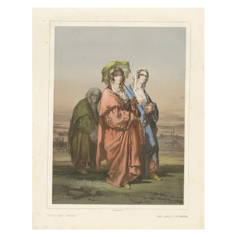 Antique Chromolithographed Print of Turkish Ladies Walking