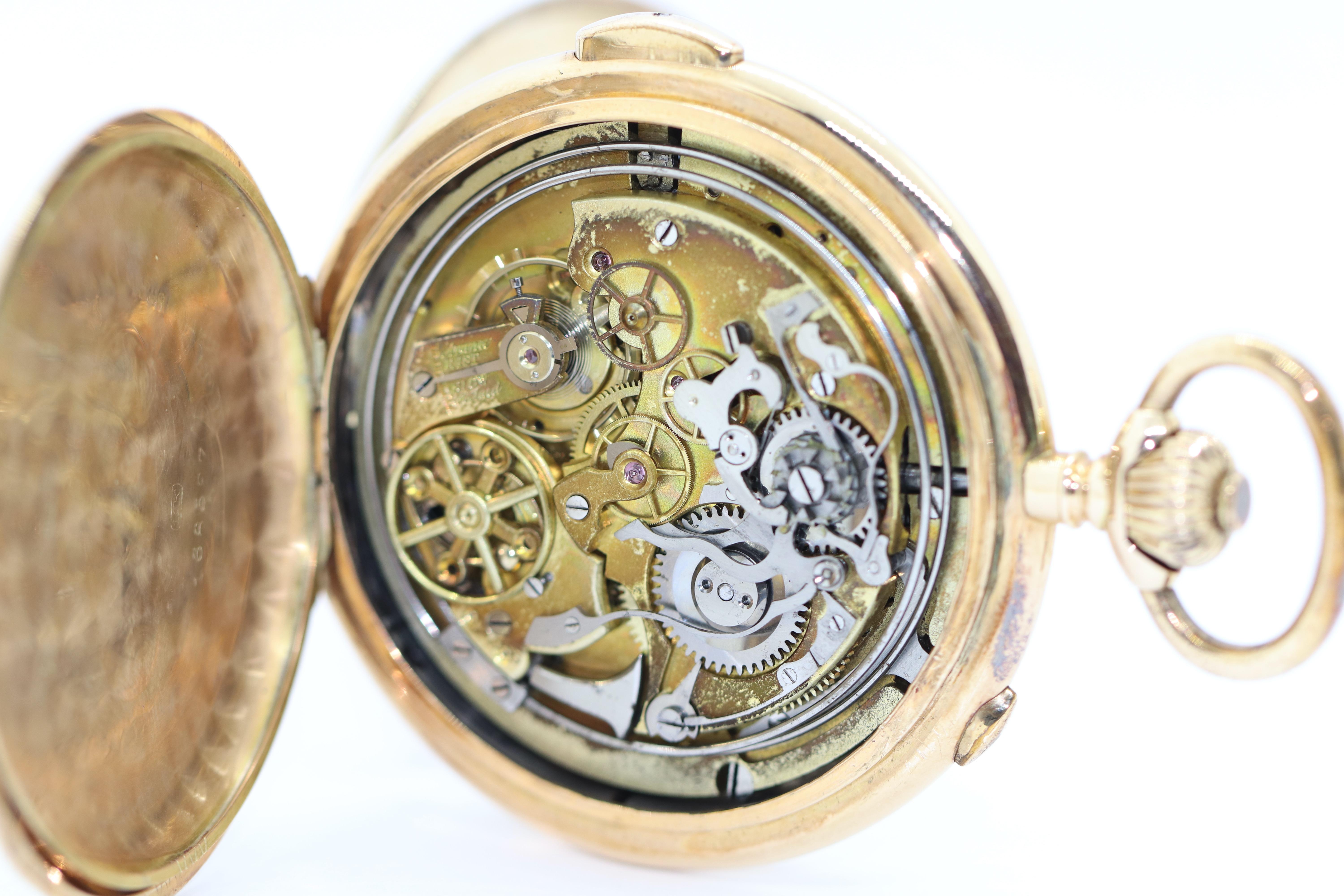 Antique Chronograph & Quarter Repeater Pocket Watch Hunter 14 Karat Gold For Sale 3