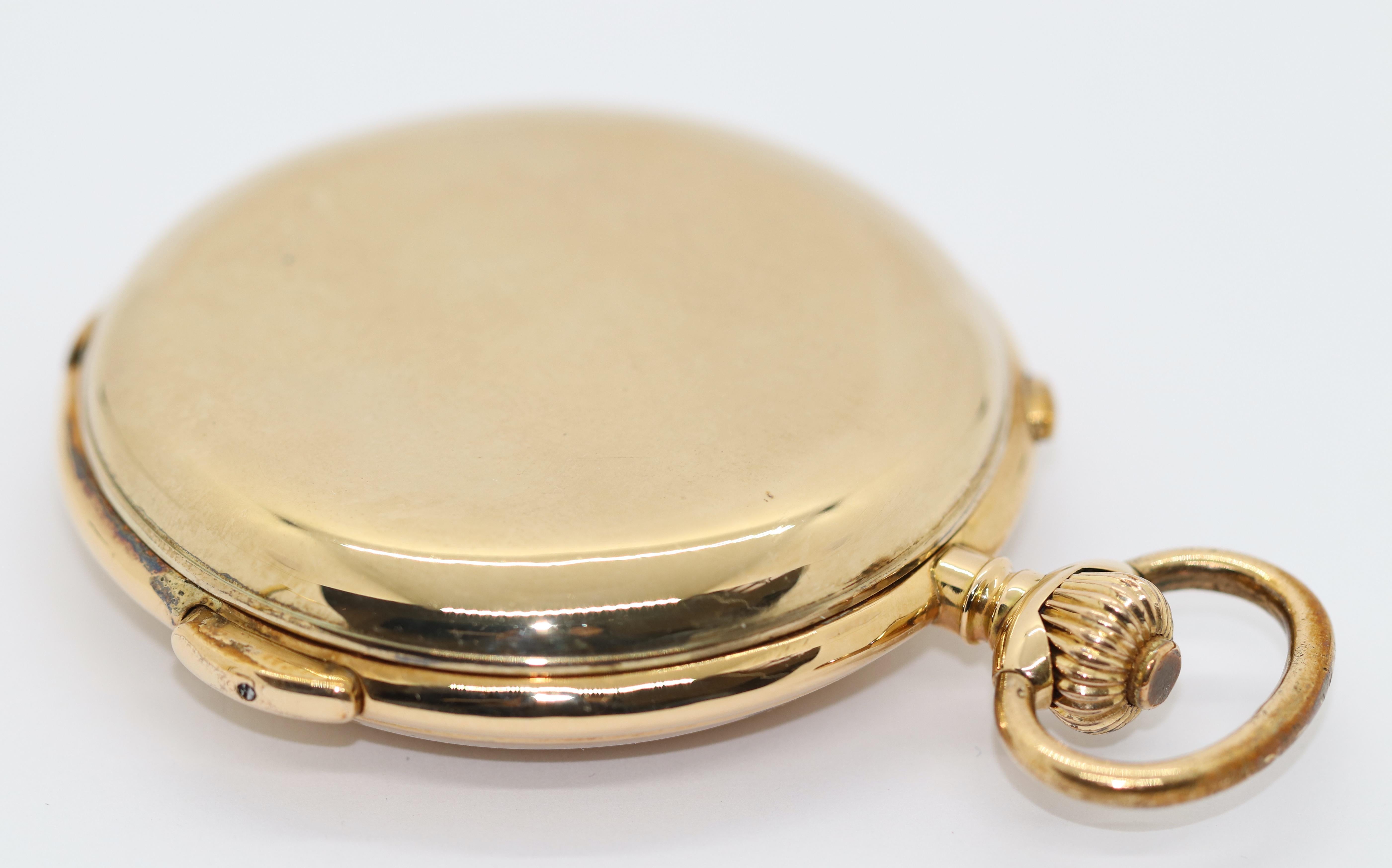 Antique Chronograph & Quarter Repeater Pocket Watch Hunter 14 Karat Gold For Sale 4