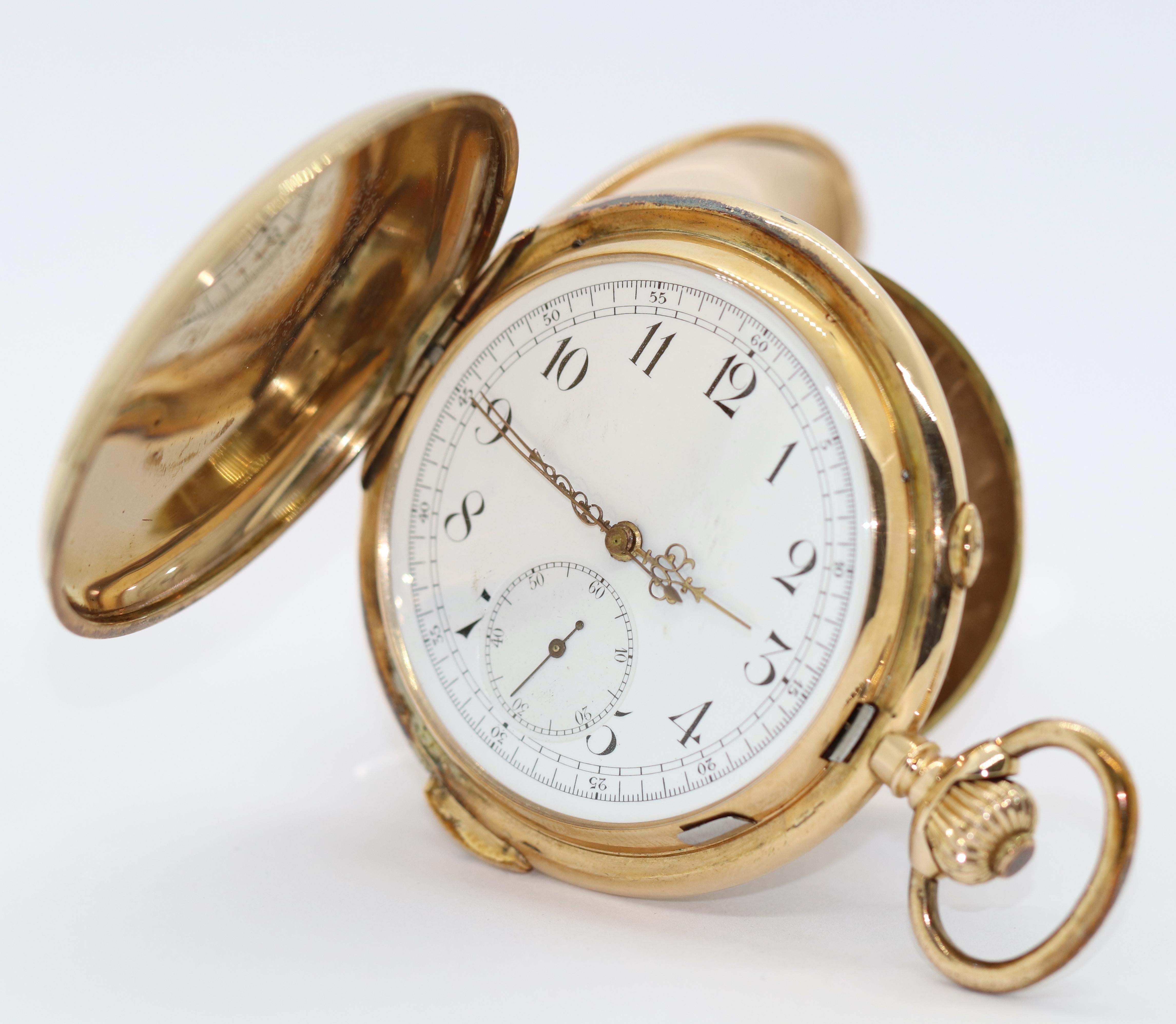 Antike Chronograph & Quarter Repeater Taschenuhr Hunter 14 Karat Gold.

Die Taschenuhr kann aufgezogen werden und funktioniert.

Mit Echtheitszertifikat.