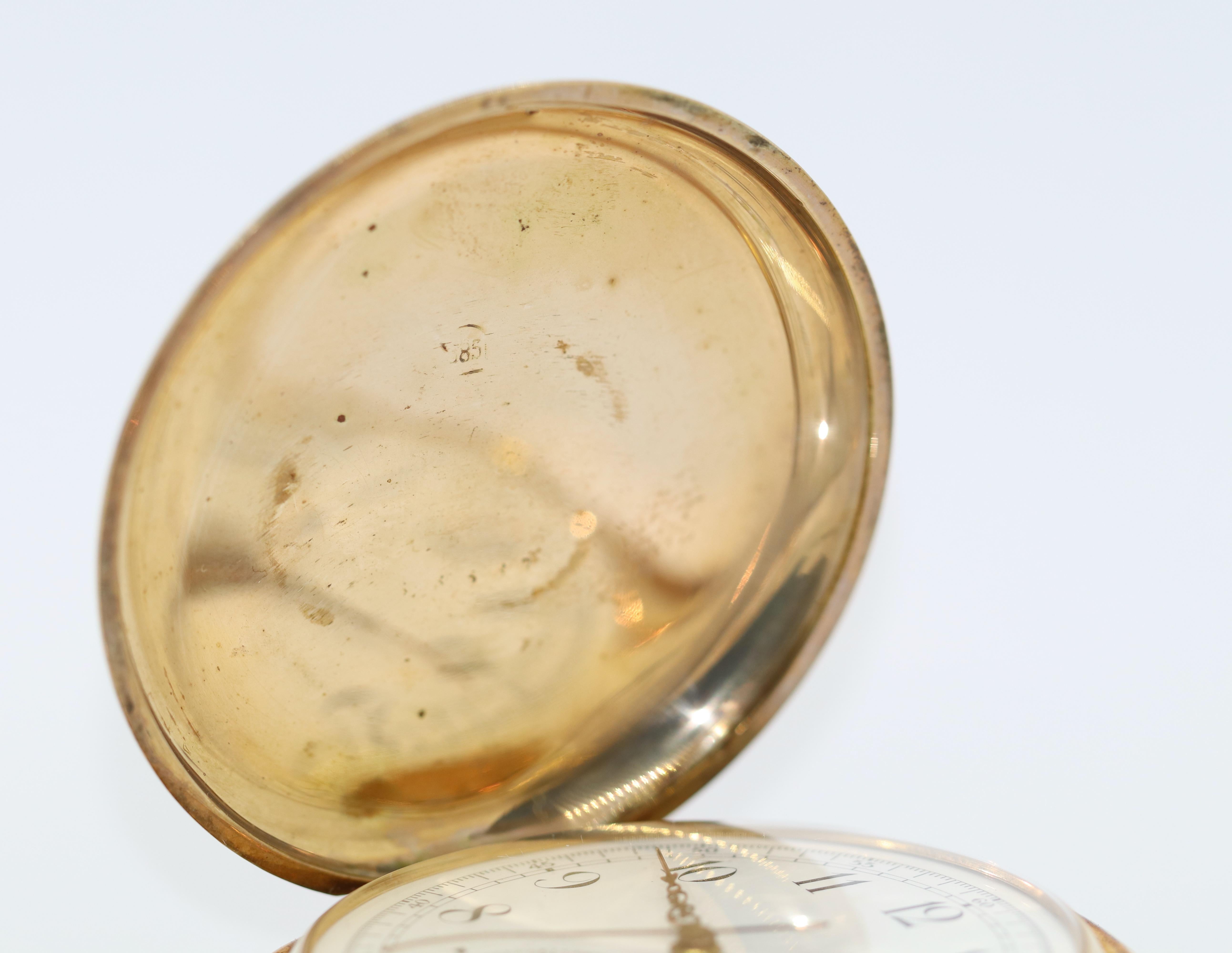 Antike antike Chronograph & Quarz Repeater Taschenuhr Hunter 14 Karat Gold im Zustand „Gut“ im Angebot in Berlin, DE