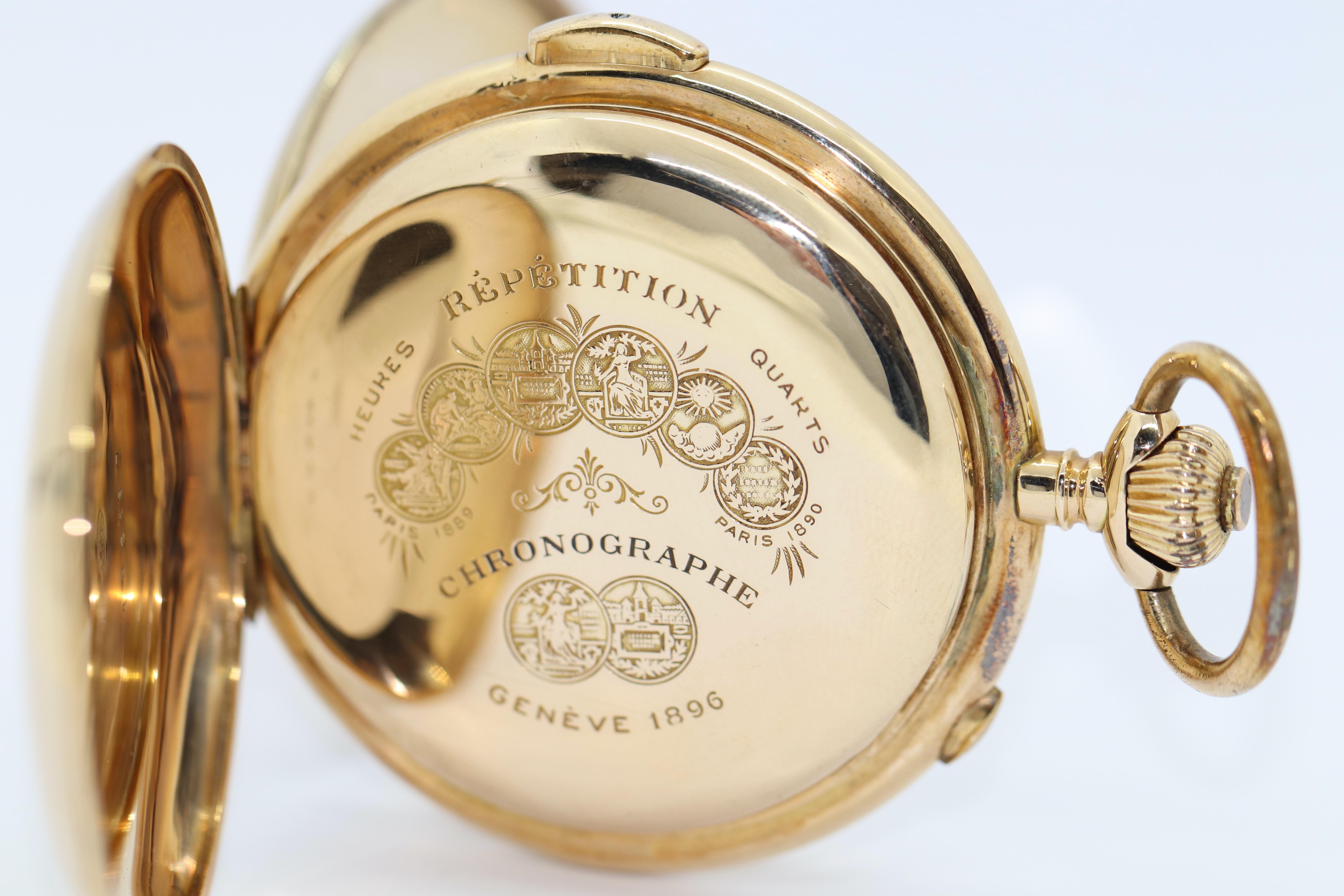 Antique Chronograph & Quarter Repeater Pocket Watch Hunter 14 Karat Gold For Sale 1