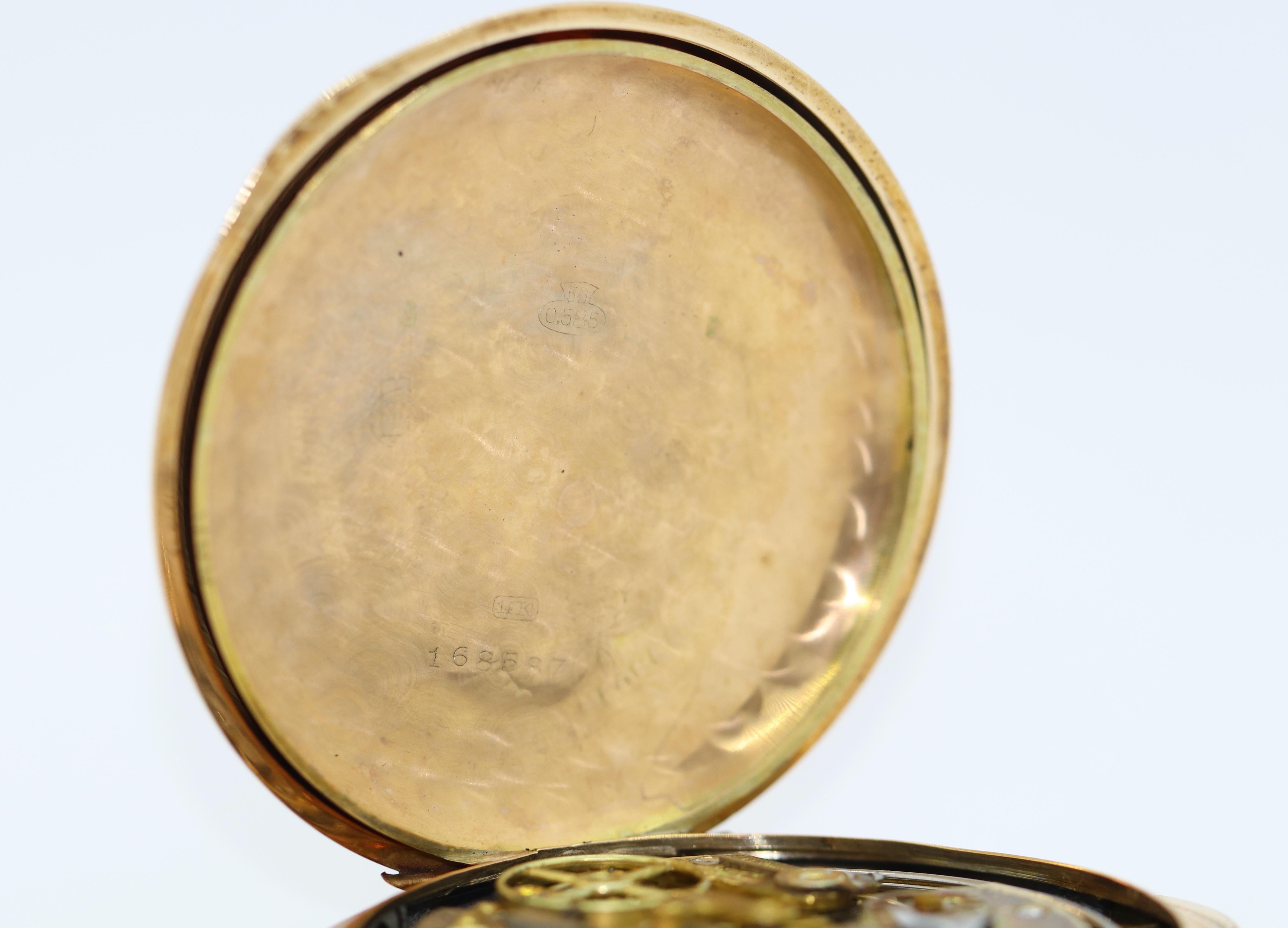 Antike antike Chronograph & Quarz Repeater Taschenuhr Hunter 14 Karat Gold im Angebot 2