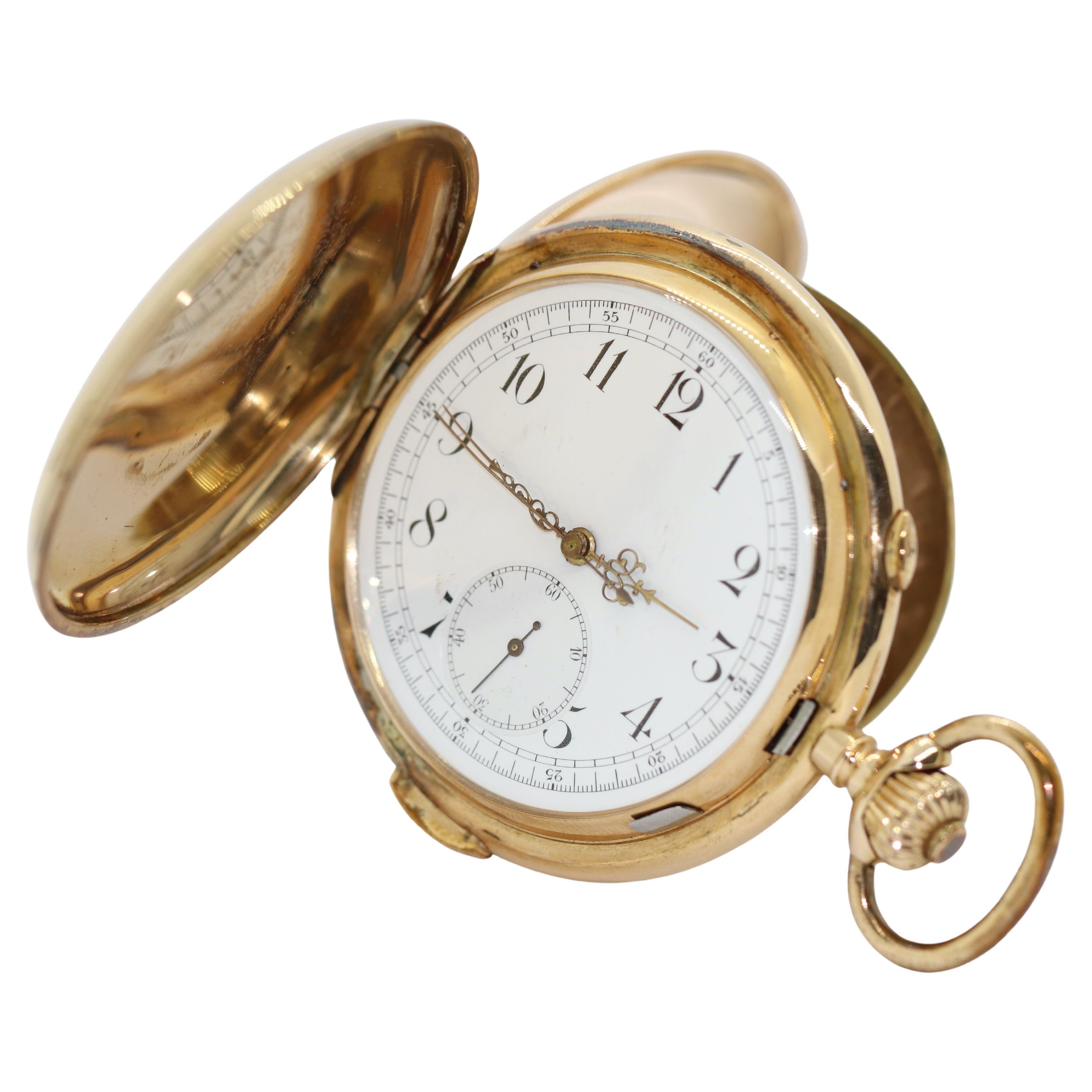Montre de poche Hunter ancienne en or 14 carats avec chronographe et quart-de-poche répeateur