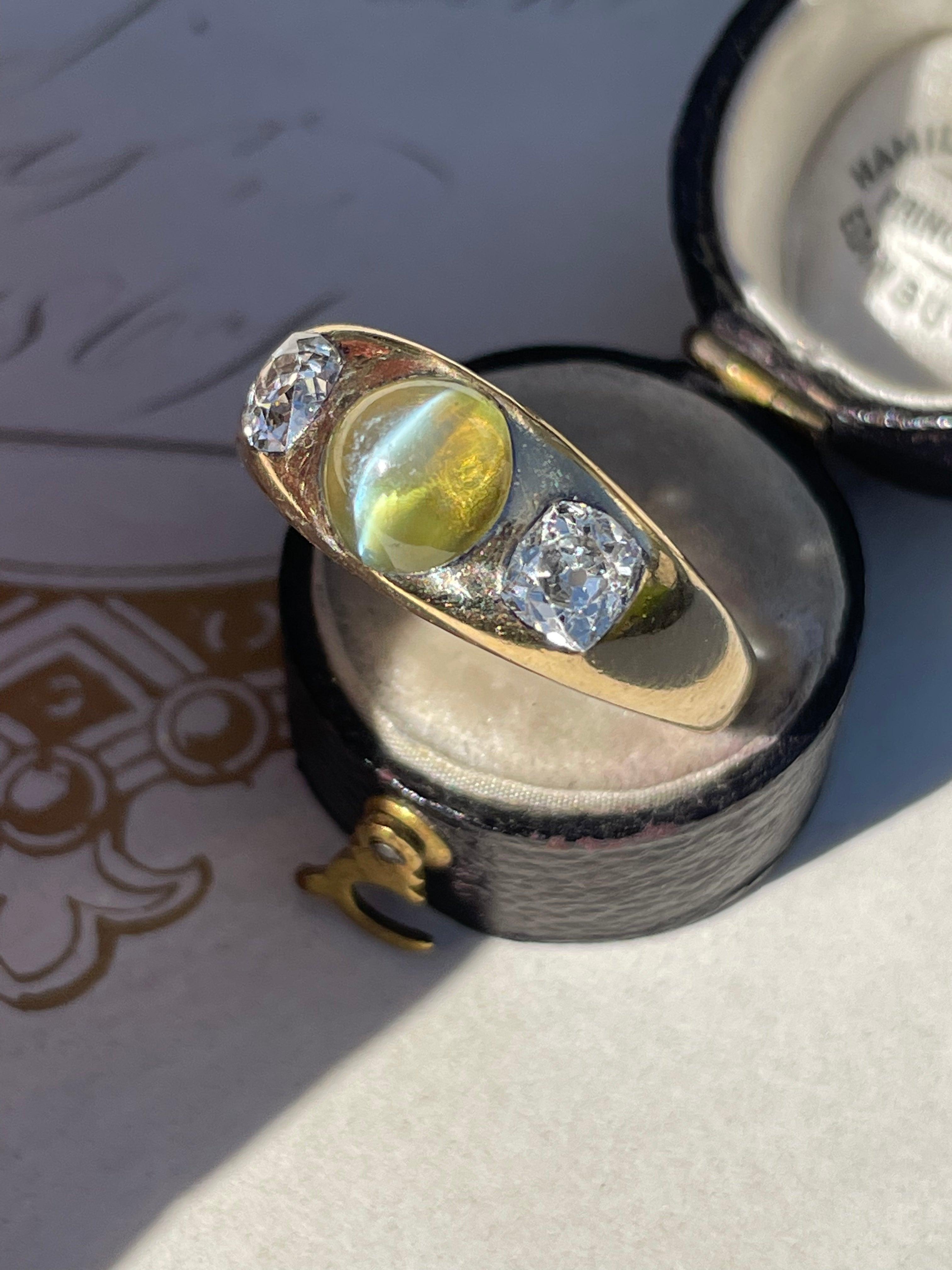 Victorian Antique Chrysoberyl and Diamond Three Stone Flush Set Ring For Sale