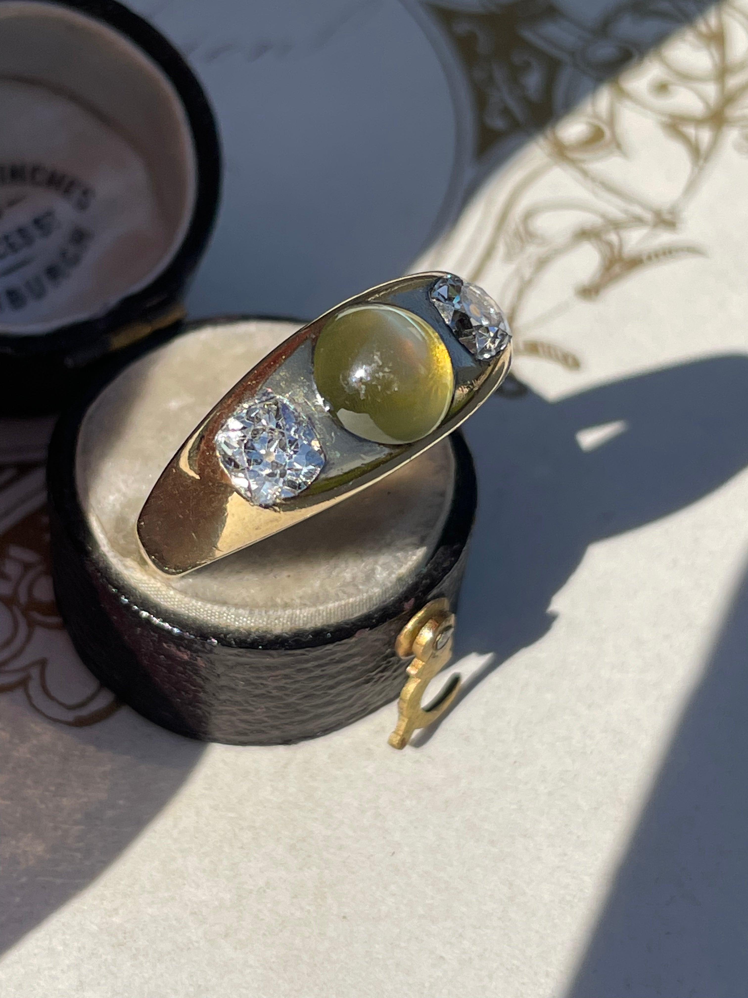 Antique Chrysoberyl and Diamond Three Stone Flush Set Ring In Good Condition For Sale In Hummelstown, PA