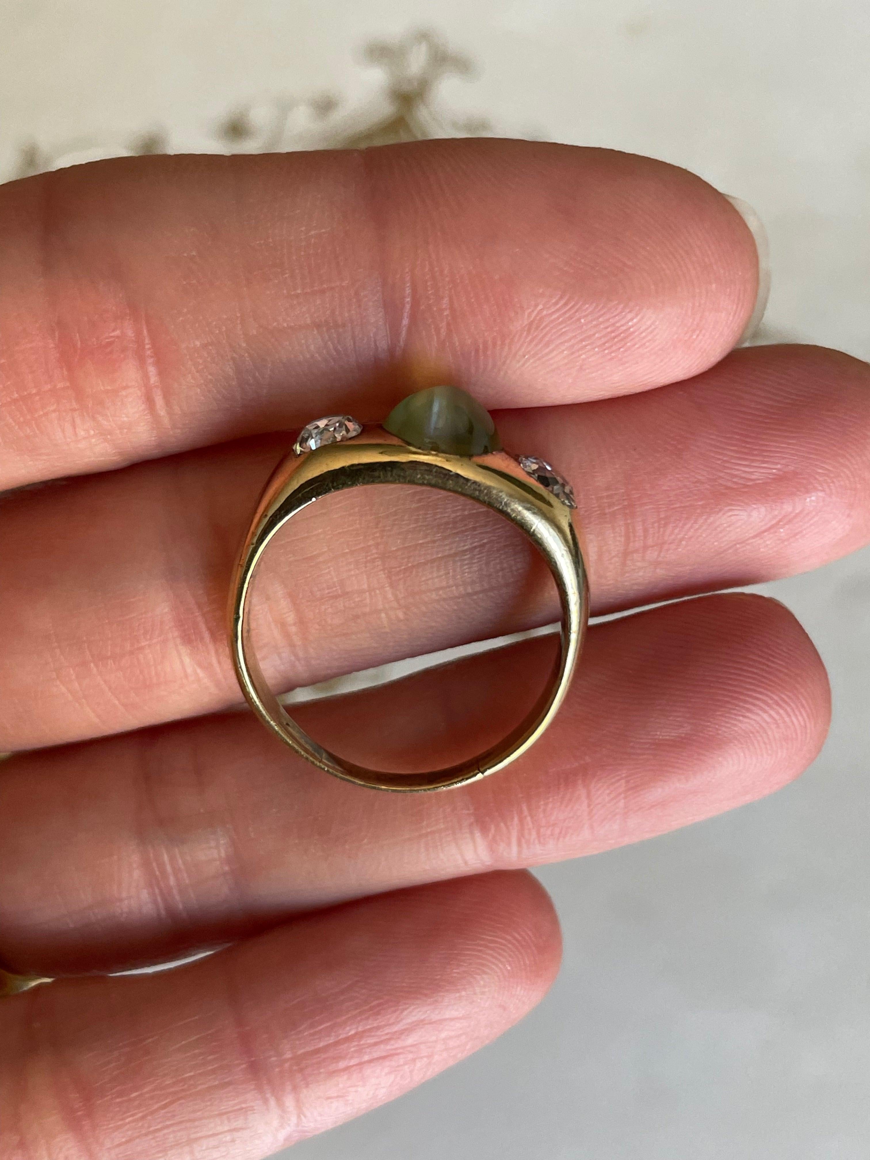 Women's or Men's Antique Chrysoberyl and Diamond Three Stone Flush Set Ring For Sale