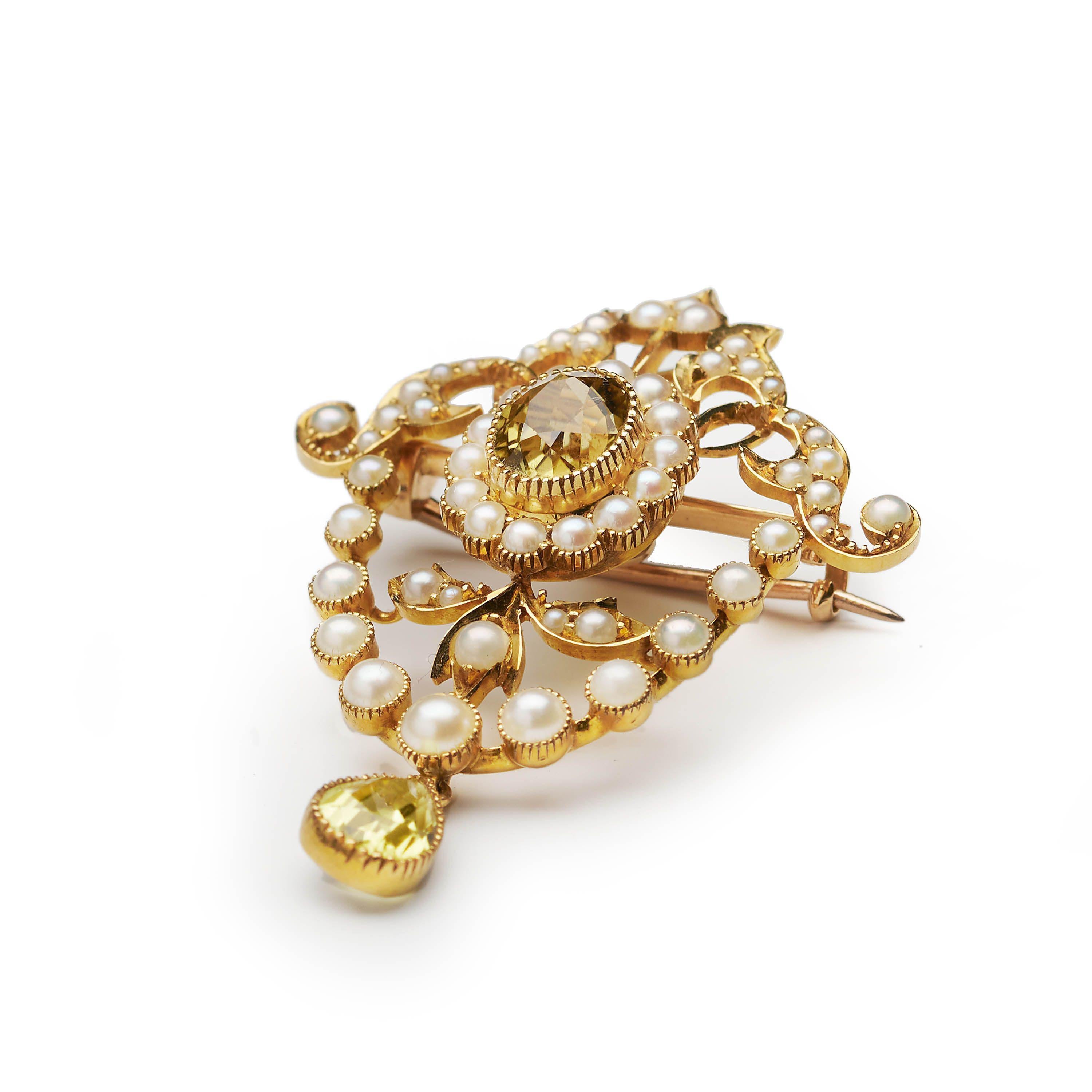 Edwardian Antique Heliodor Natural Pearl And Gold Brooch-Cum-Pendant, Circa 1910 For Sale