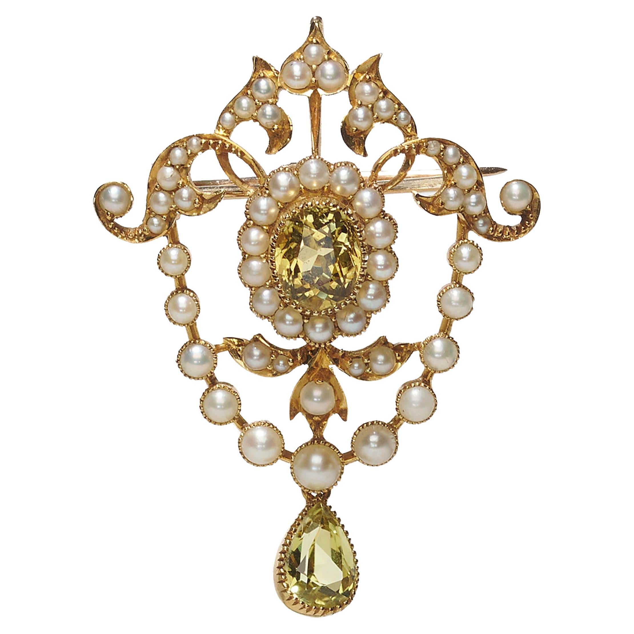 Antique Heliodor Natural Pearl And Gold Brooch-Cum-Pendant, Circa 1910 For Sale