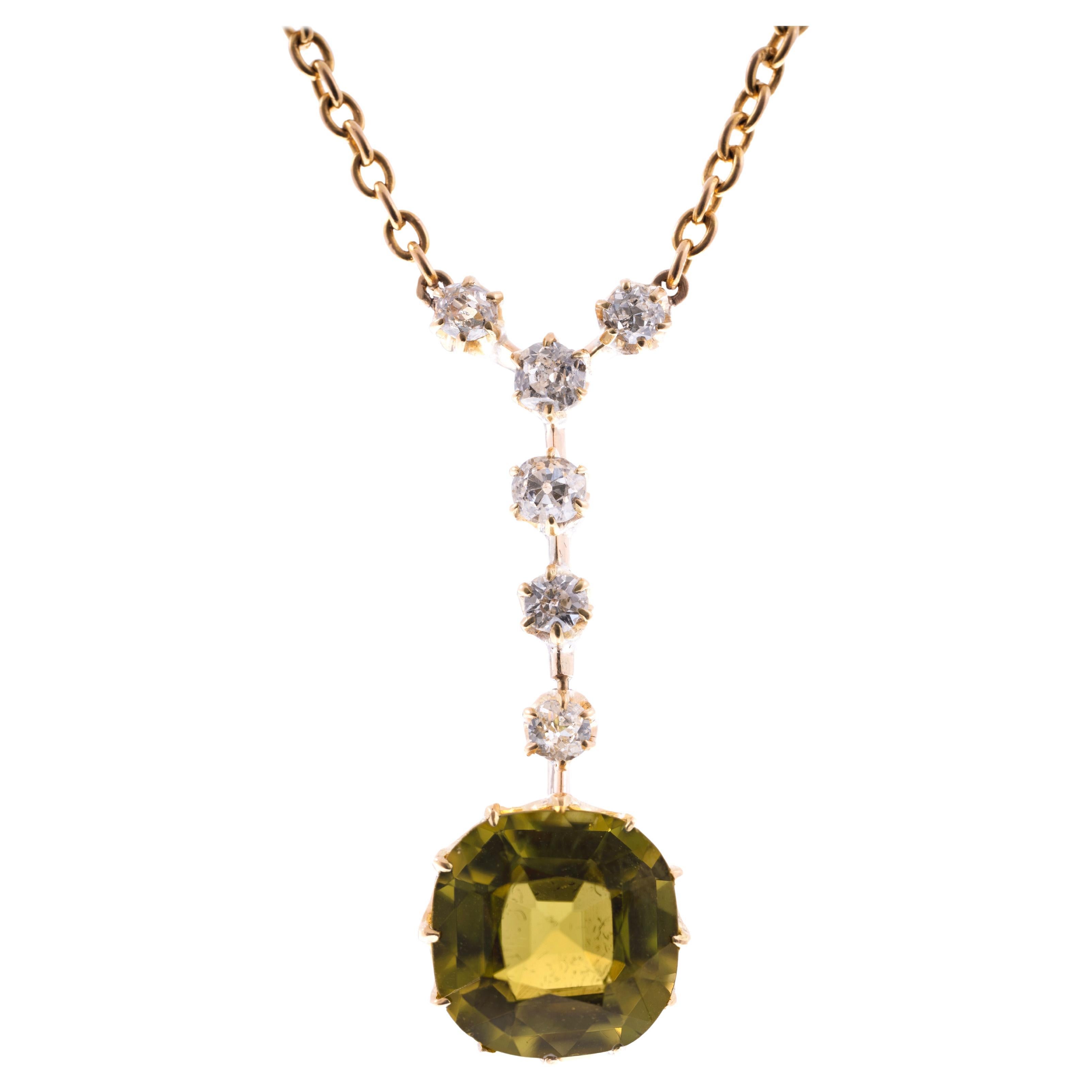 Antique Chrysobryl 4.50ct & Old Mine Diamond 15ct Yellow Gold C/1890