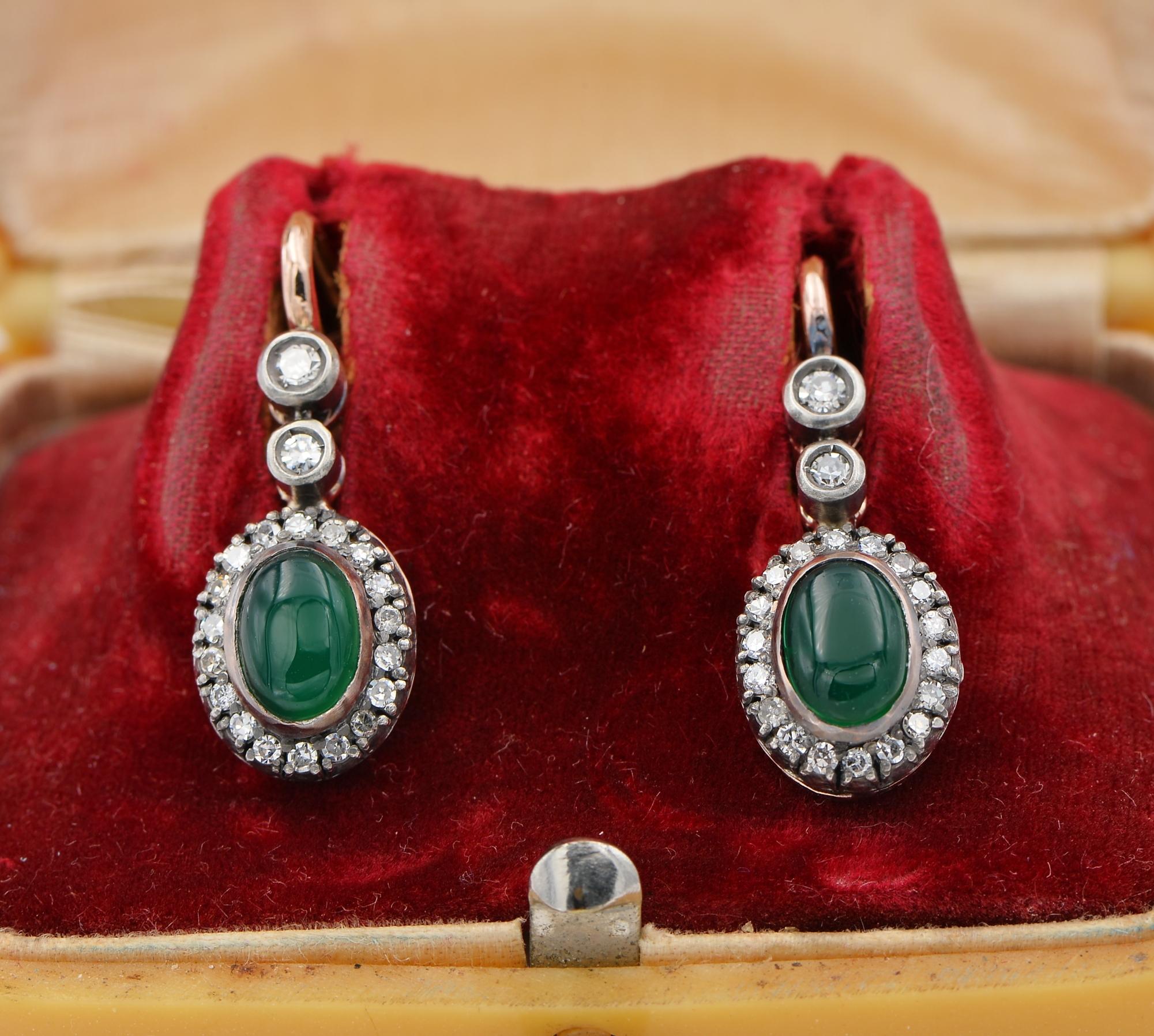 Ever Green
Gorgeous antique pair of Russian drop earrings in traditional past design
hand crafted of solid 14 Kt gold with silver portions – post 1900/30 ca, bearing Russian Russian hallmark 56 Zolotlnik stamp
Adorned with a twin Diamond line over