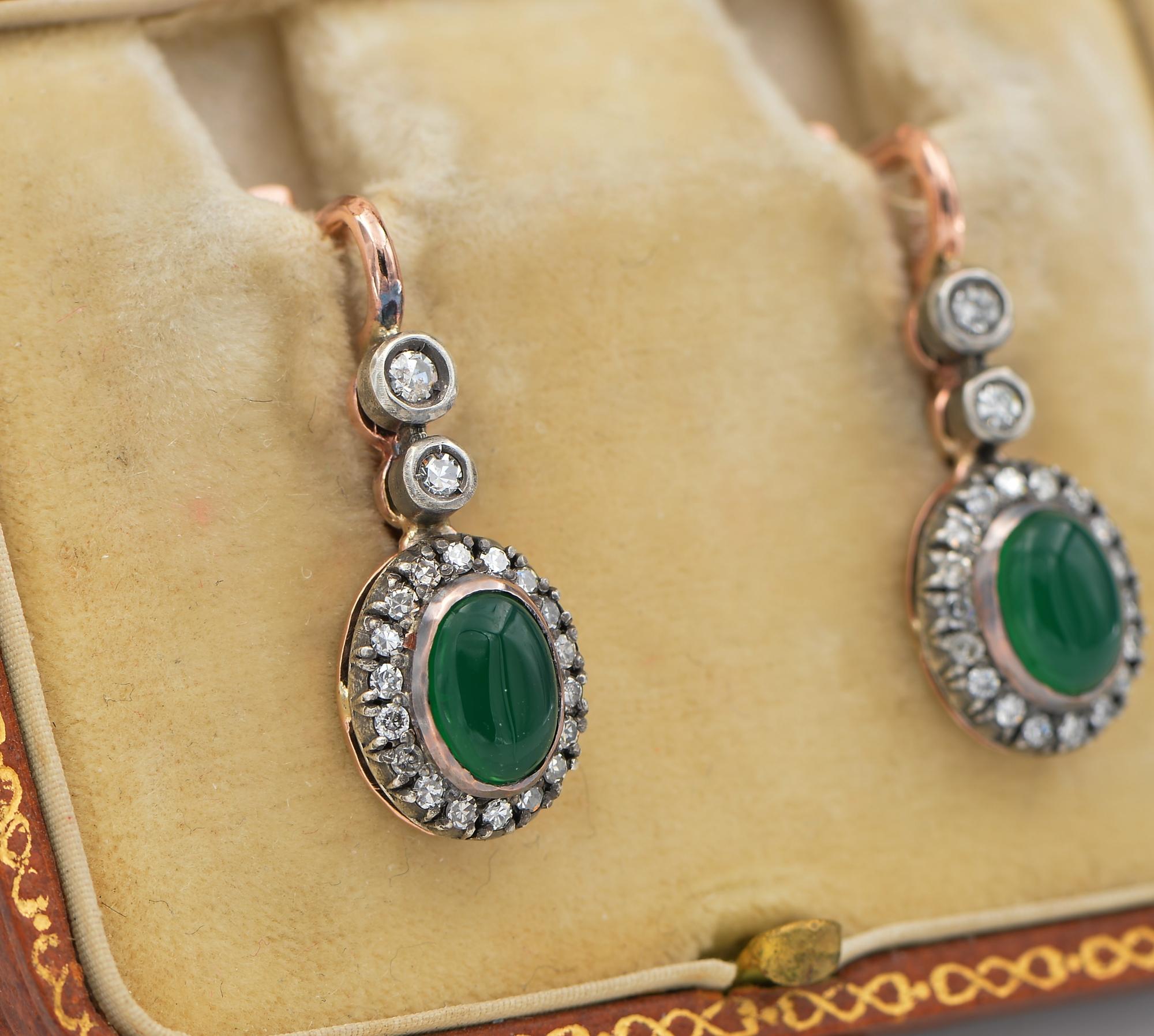 Art Deco Antique Chrysoprase Diamond Russian Drop earrings For Sale