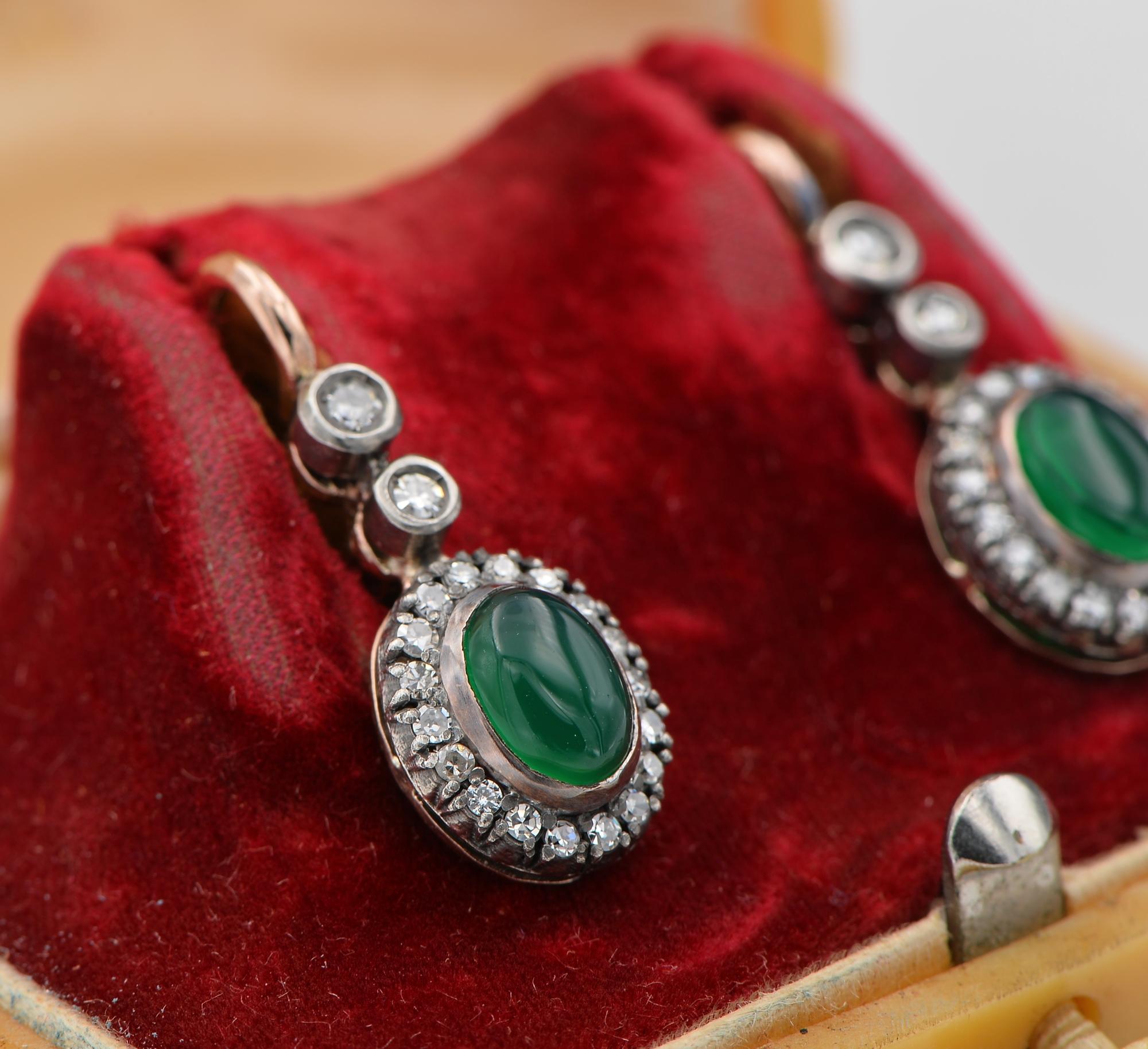 Cabochon Antique Chrysoprase Diamond Russian Drop earrings For Sale