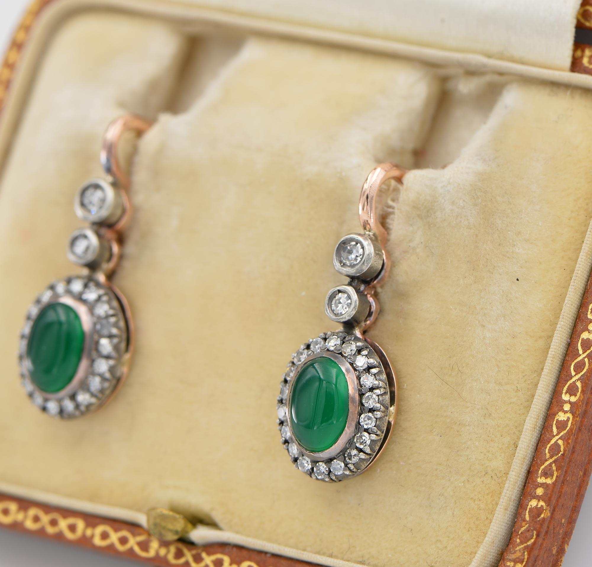 Antique Chrysoprase Diamond Russian Drop earrings In Good Condition For Sale In Napoli, IT