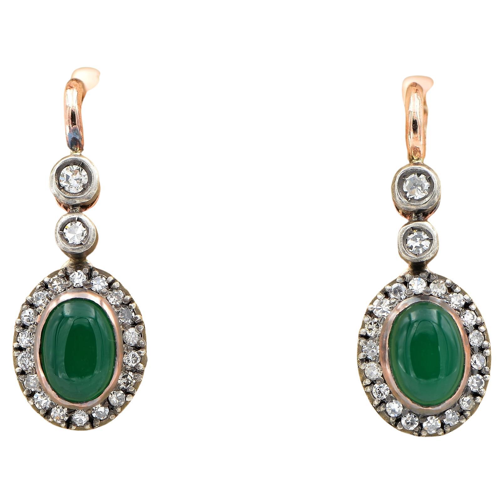 Antique Chrysoprase Diamond Russian Drop earrings For Sale