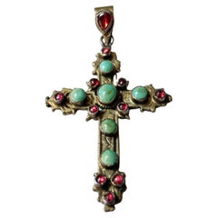 Vintage Chunky Cross Pendant Unique Handcrafted Statement Piece Ruby & Turquoise