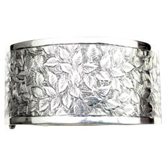 Used Chunky silver cuff bangle, leaf engraved, Edwardian 