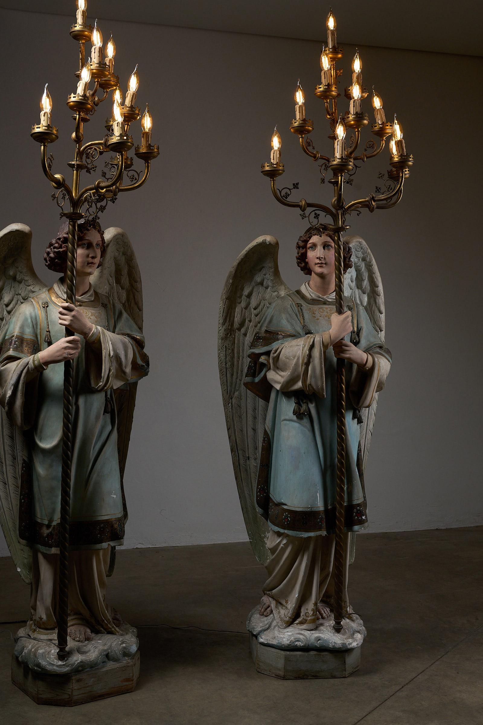 European Antique Church Angel Candle Holders with Brass Chandeliers – 19th Century For Sale