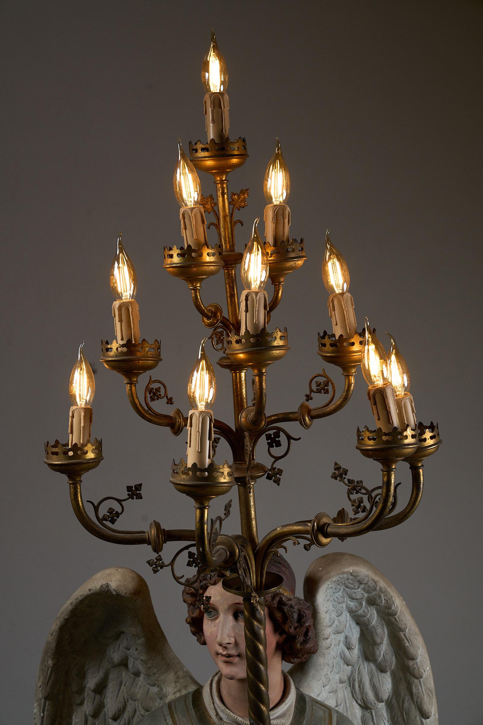 Antique Church Angel Candle Holders with Brass Chandeliers – 19th Century In Good Condition For Sale In Mortsel, BE
