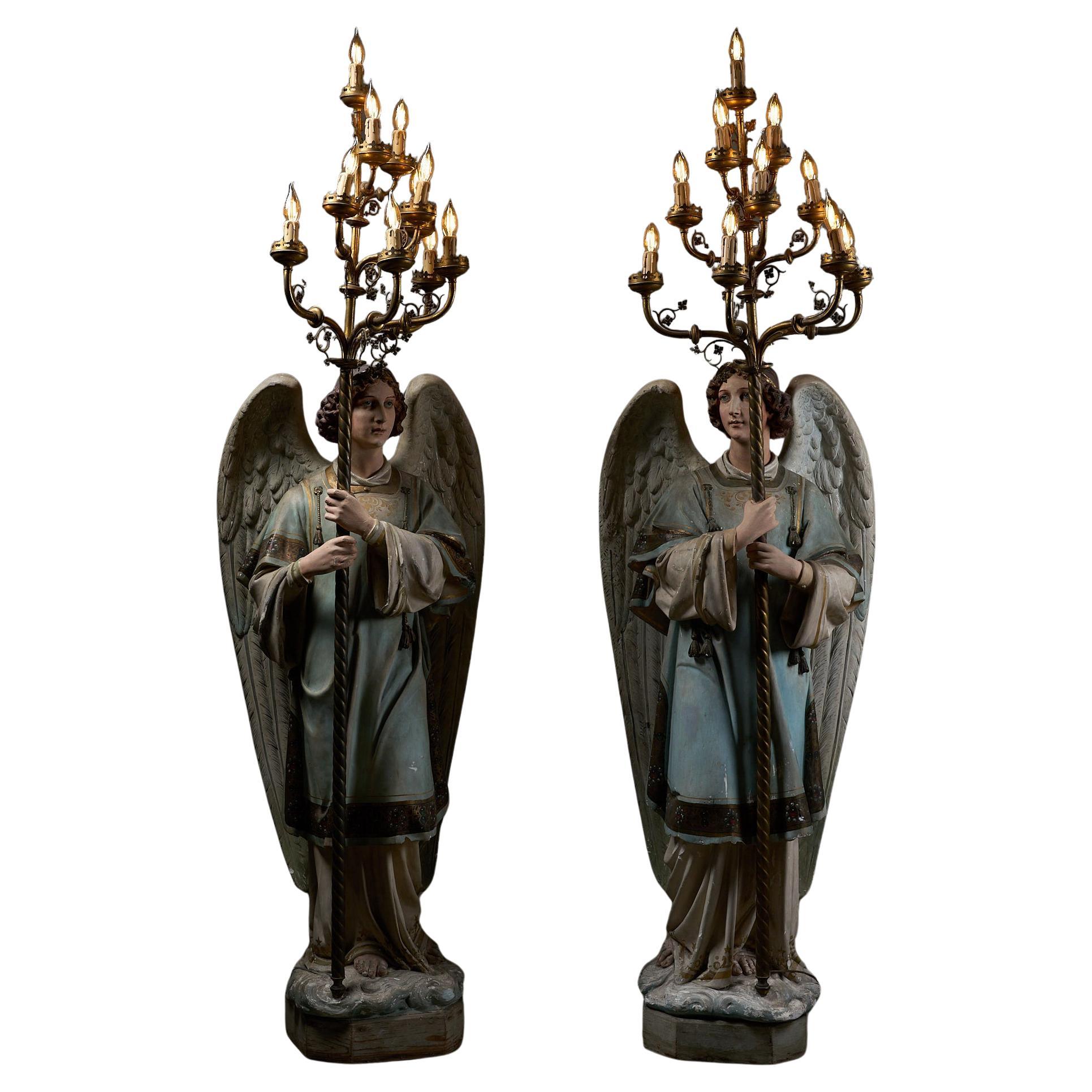Antique Church Angel Candle Holders with Brass Chandeliers – 19th Century