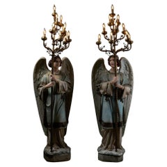 Antiguos Candelabros de Ángel de Iglesia con Candelabros de Latón - Siglo XIX