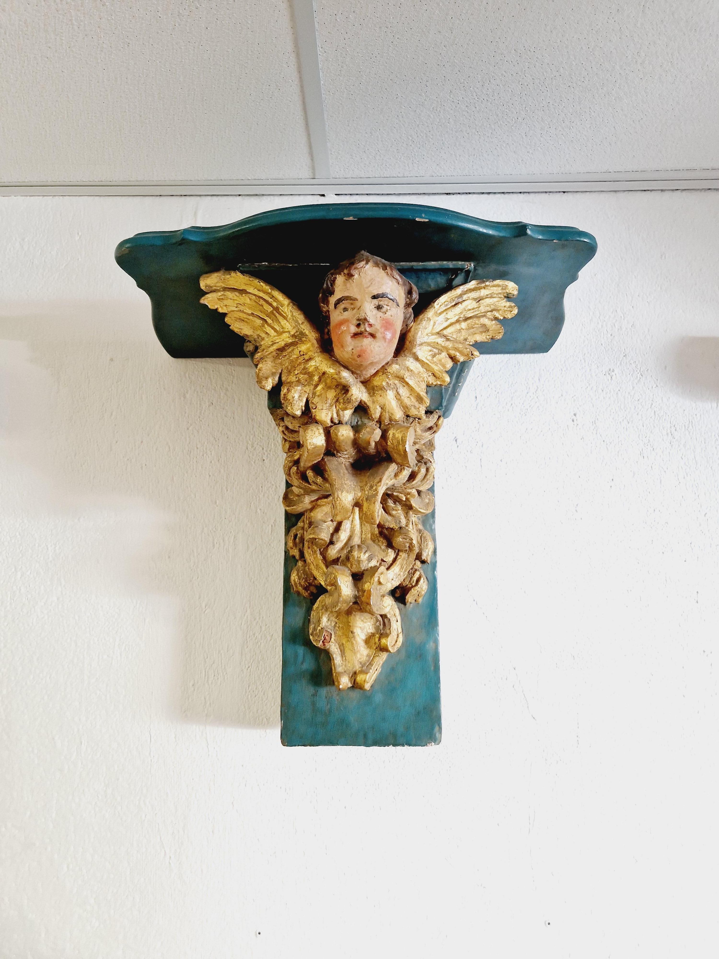 Hand-Carved Antique Church Console French Decorative Cherub For Sale